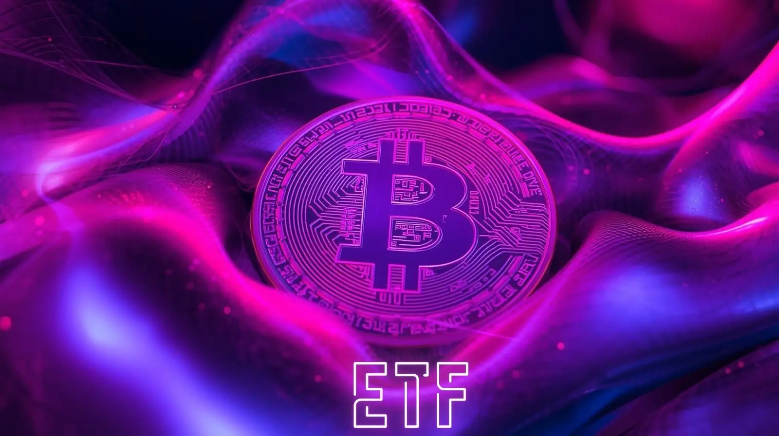 “Mor ve mavi dalgalarla çevrili, parlayan bir Bitcoin coin’ini gösteren stilize dijital illüstrasyon; altında ‘ETF’ yazısı yer alıyor ve bir Bitcoin borsa yatırım fonunu simgeliyor