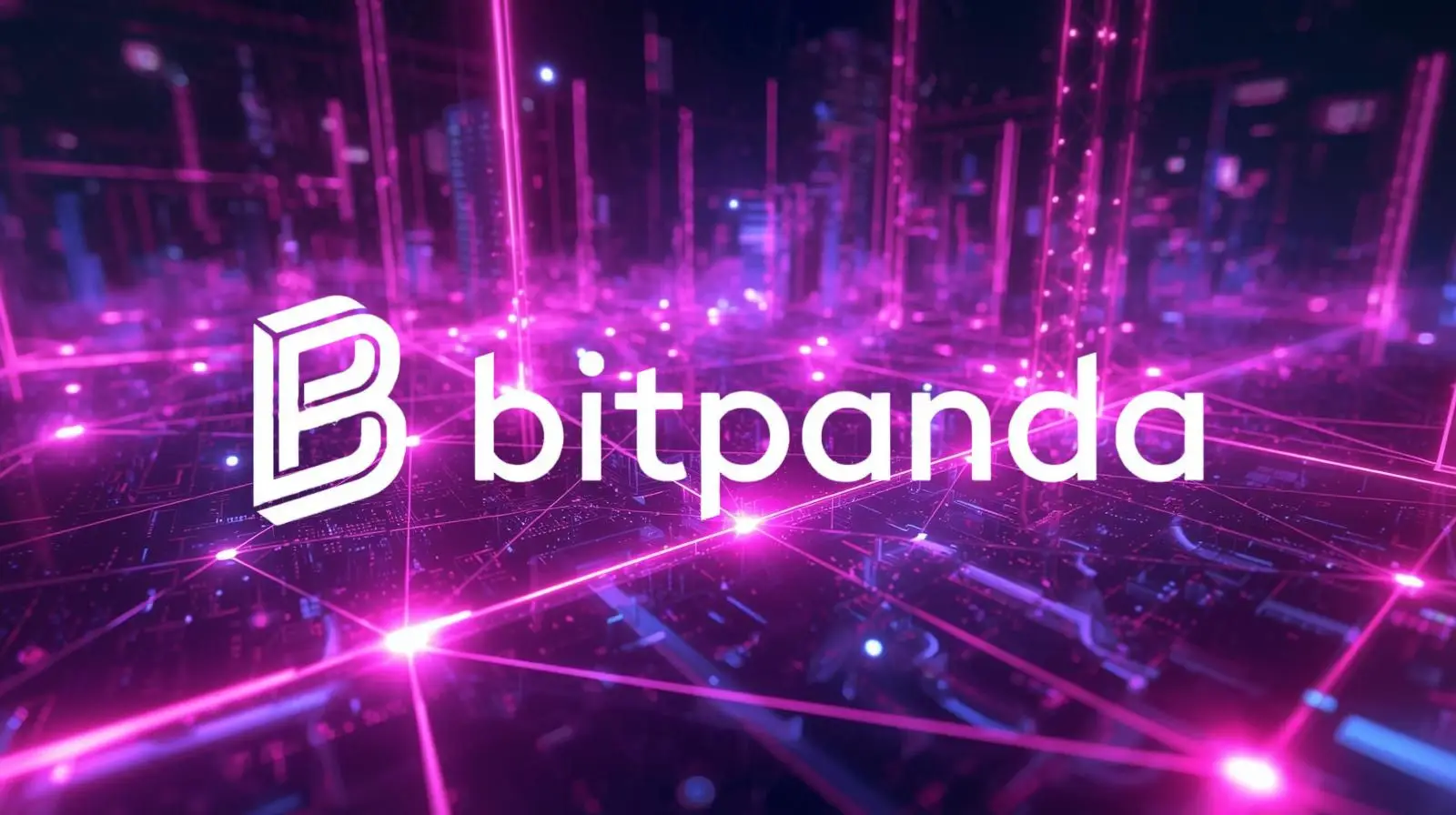 Bitpanda logo displayed in white on a futuristic purple and pink digital background, featuring glowing lines and nodes that resemble a blockchain or data network.