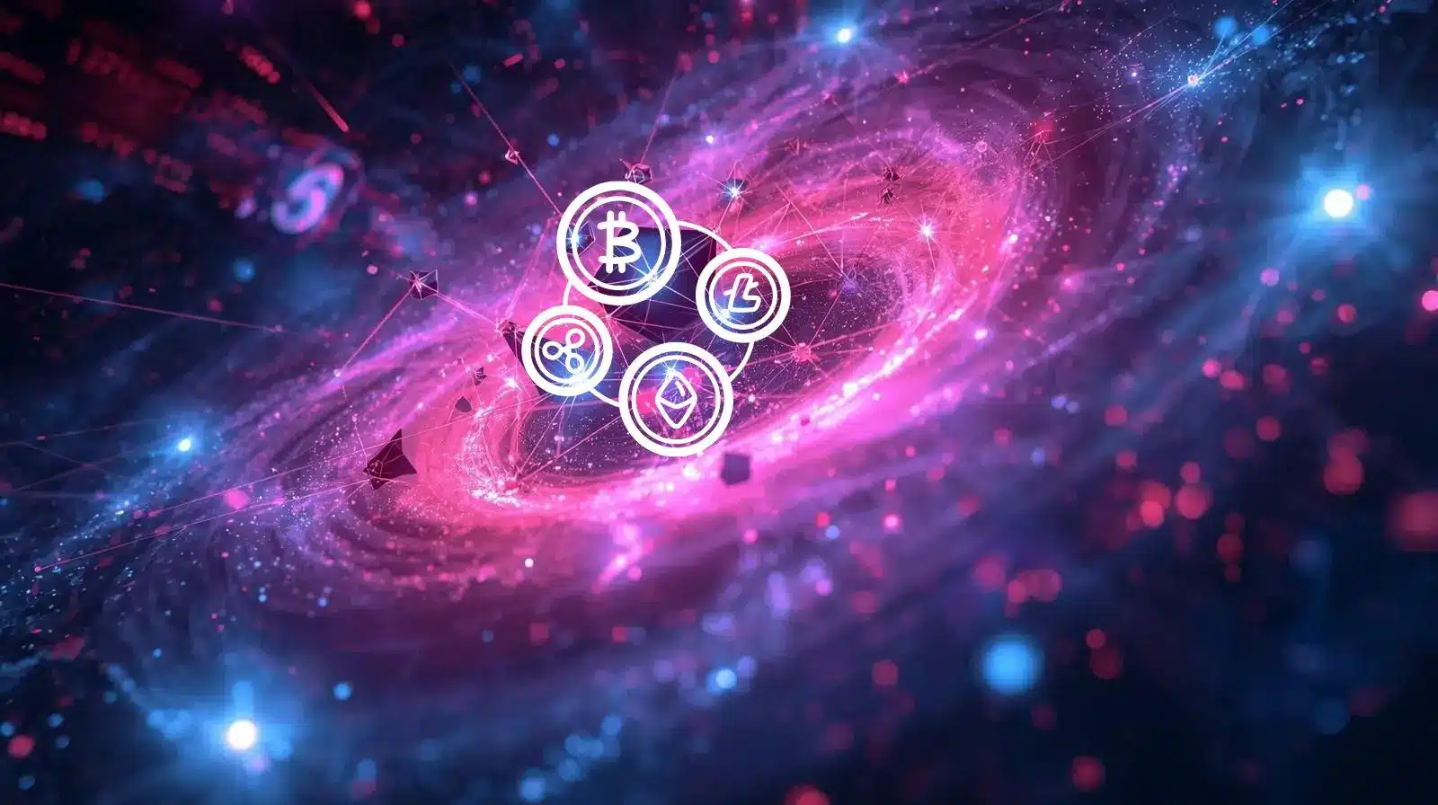 Futuristic cosmic-style illustration showing a swirling galaxy of pink and purple light, with interconnected cryptocurrency icons (including Bitcoin and Ethereum) at the center, symbolizing the crypto market and digital asset network.