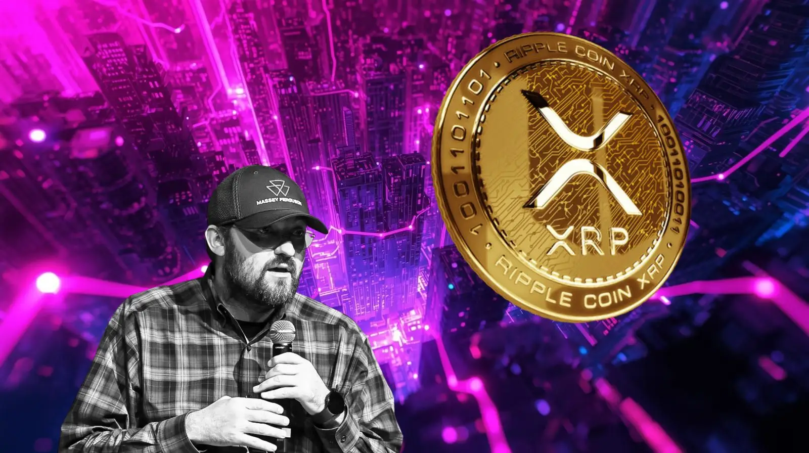 Graphic showing a crypto industry speaker holding a microphone beside a large XRP coin symbol, set against a purple digital city background, representing a debate or comparison involving Ripple.