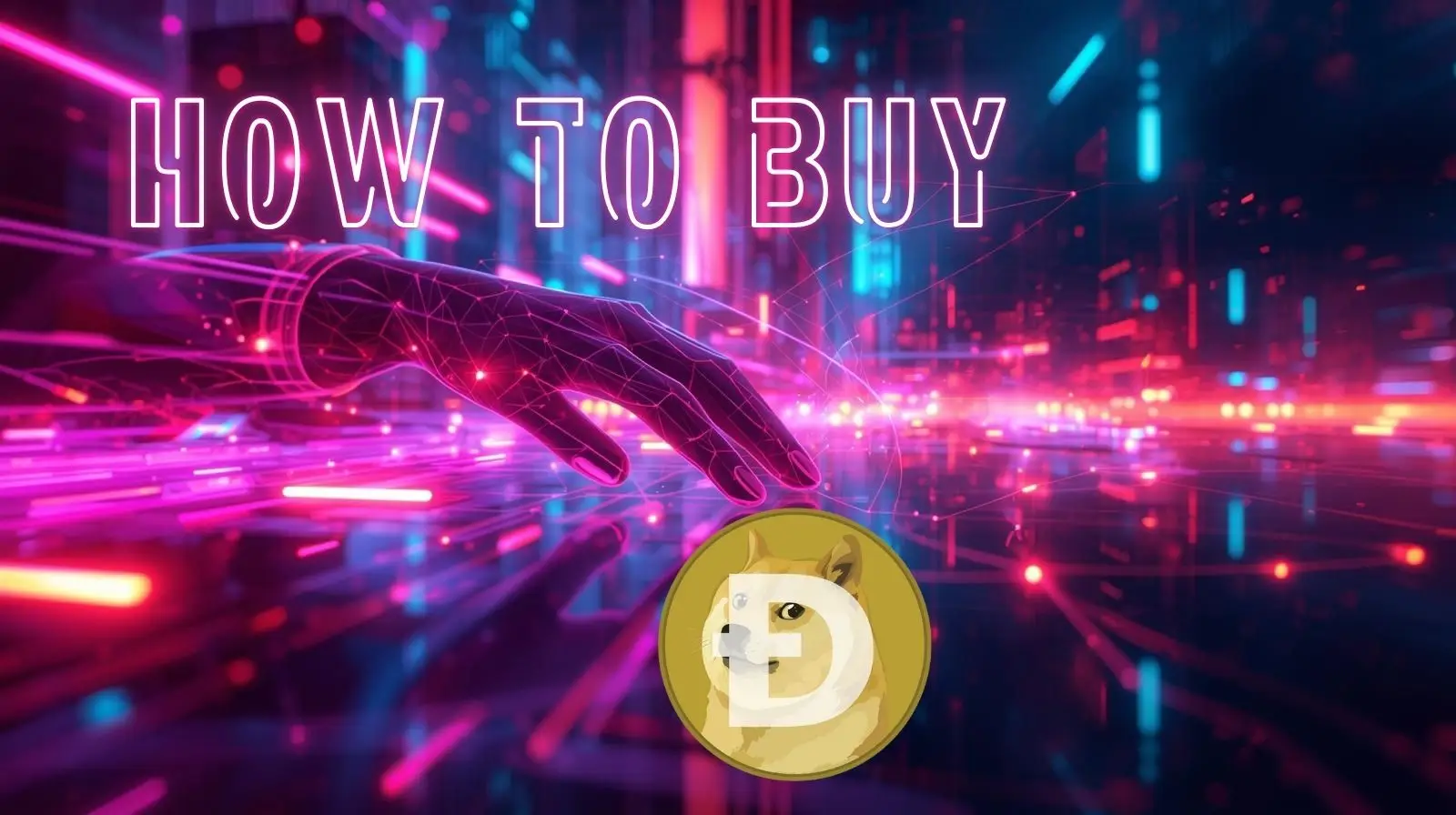 Futuristic digital illustration with the text “How to Buy” above a glowing, wireframe hand reaching toward a Dogecoin logo, set against a neon pink and blue tech-inspired background representing cryptocurrency buying.