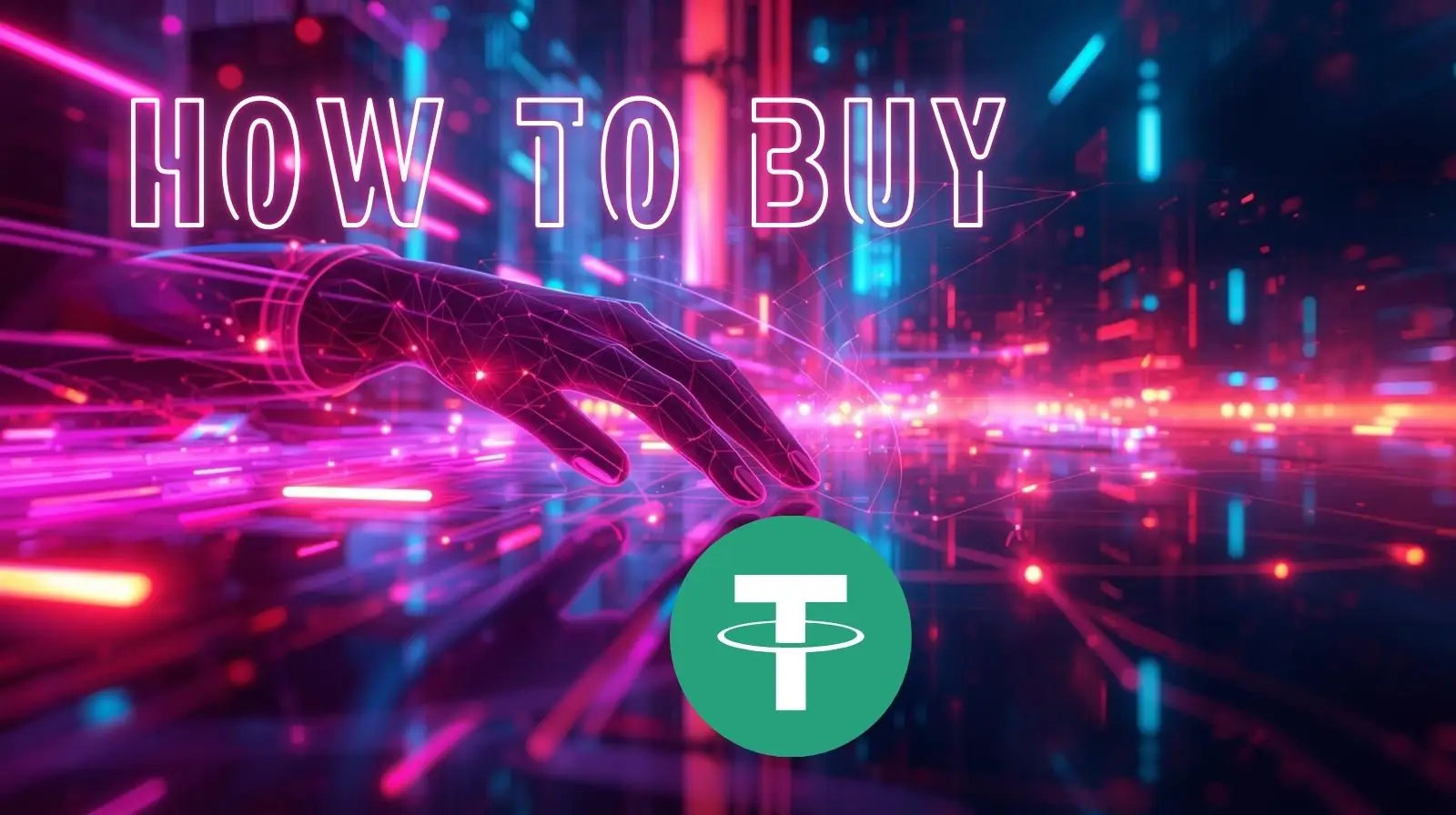 Graphic illustrating how to buy Tether, featuring a futuristic digital hand reaching forward, neon pink and blue tech background, and the Tether (USDT) logo displayed prominently.