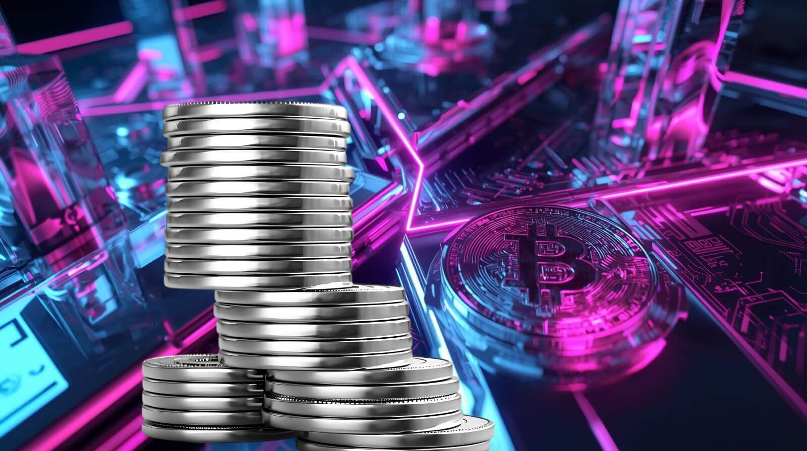 Stacks of silver coins stand in front of a glowing Bitcoin symbol on a futuristic, neon-colored digital background, representing cryptocurrency and digital finance.