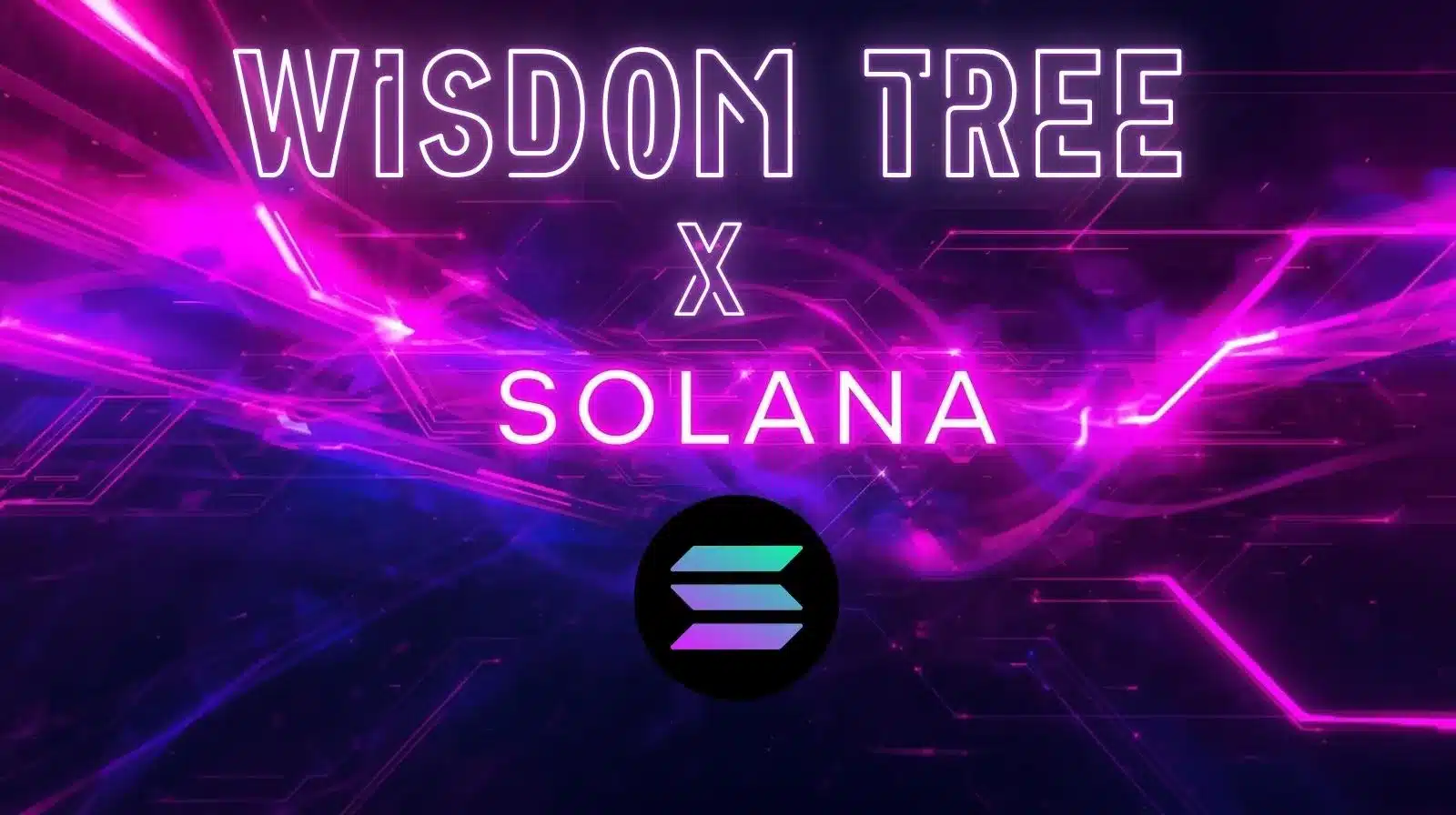 Neon digital graphic displaying “Wisdom Tree x Solana” with futuristic purple and pink light effects and the Solana logo centered at the bottom, representing a blockchain collaboration.