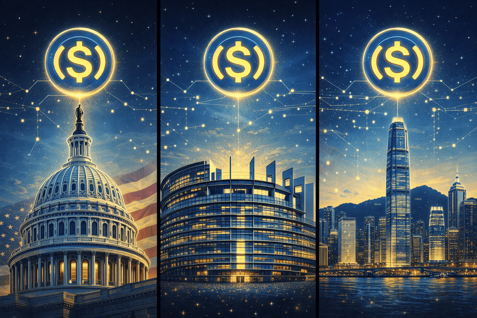 Three-panel illustration showing the US Capitol, European Parliament, and Hong Kong skyline, each with a glowing stablecoin symbol above, connected by digital lines to represent a global regulatory network.