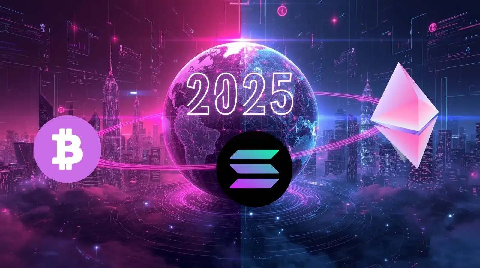 Futuristic neon illustration of a glowing digital globe labeled “2025” above a city skyline, with Bitcoin, Solana, and Ethereum logos floating in front, surrounded by pink, purple, and blue blockchain-style data lines.