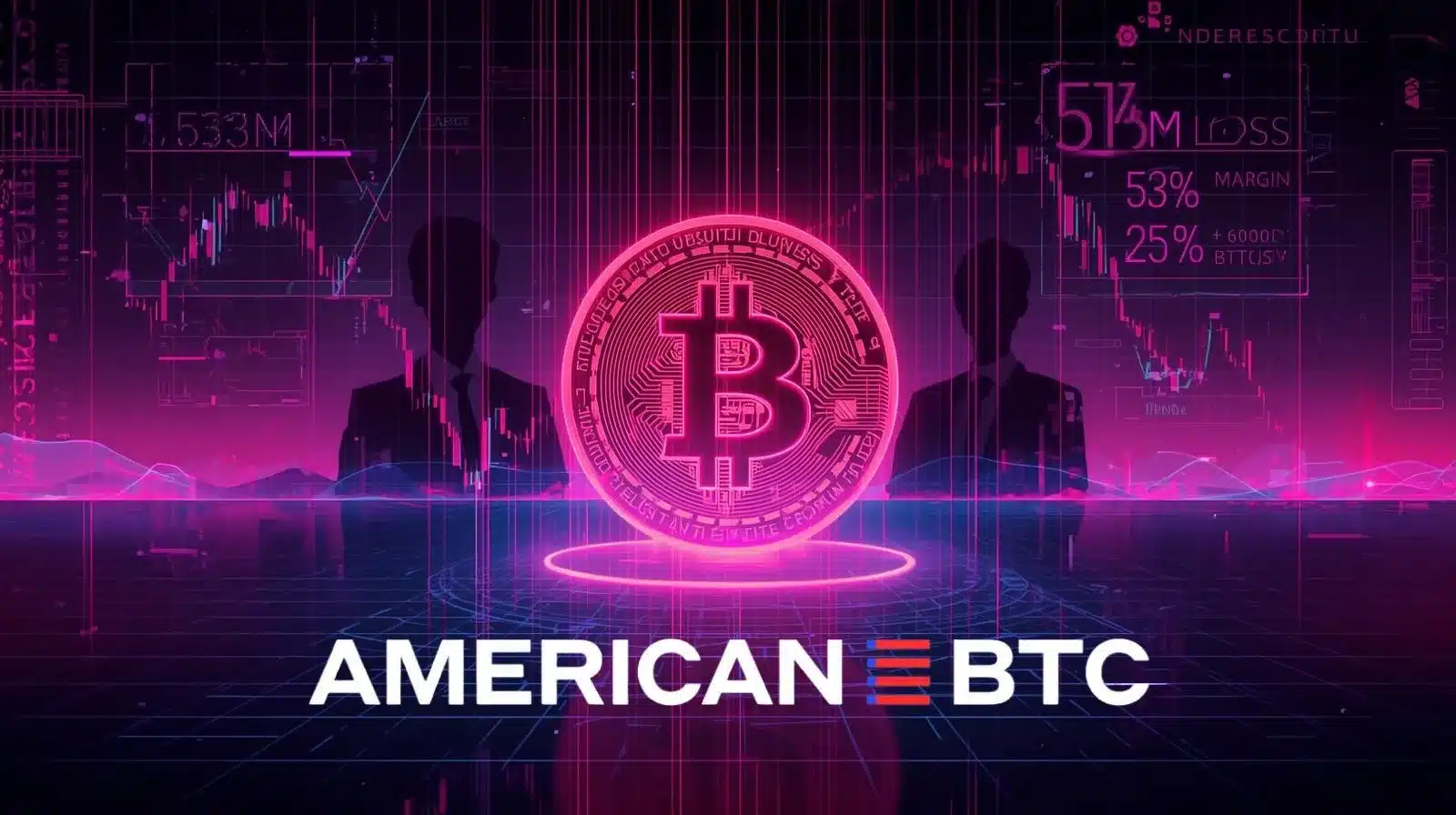 Neon pink, purple, and blue digital illustration featuring a glowing Bitcoin symbol in the center, surrounded by holographic financial charts and falling candlestick graphs. Two silhouetted business figures stand in the background, with financial metrics like “$153M Loss” and “53% Margin” displayed on futuristic data screens. The words “AMERICAN BTC” appear prominently at the bottom in bold lettering, set against a cyberpunk-style grid and high-tech backdrop.