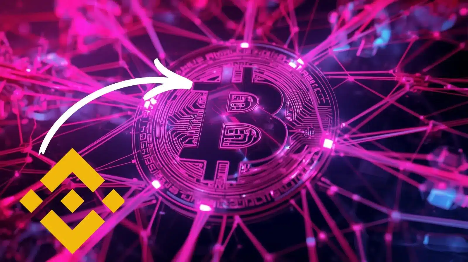 Abstract neon illustration of a glowing Bitcoin symbol at the center of a digital network, with a white arrow pointing toward it from the yellow Binance logo, representing Binance moving or connecting funds into Bitcoin.