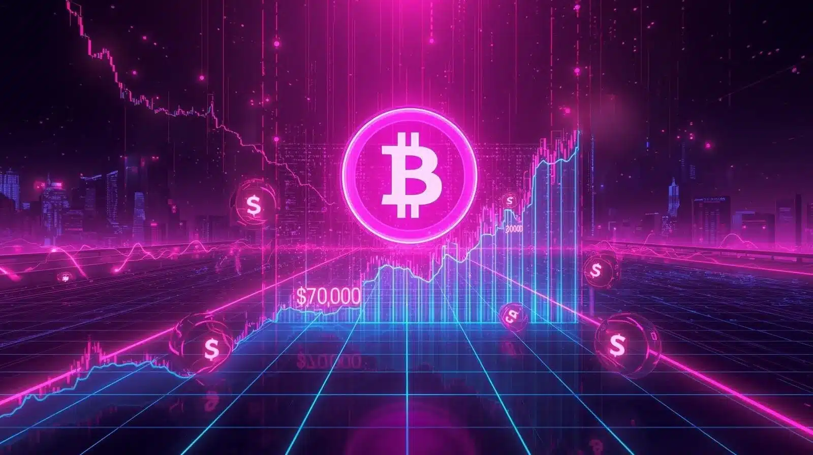 Neon pink, purple, and blue futuristic crypto scene featuring a large glowing Bitcoin symbol above a digital trading grid. A price chart rises sharply toward a highlighted $70,000 level, with holographic candlesticks and floating dollar icons. A cyberpunk city skyline glows in the background, conveying strong upward momentum with underlying market volatility.