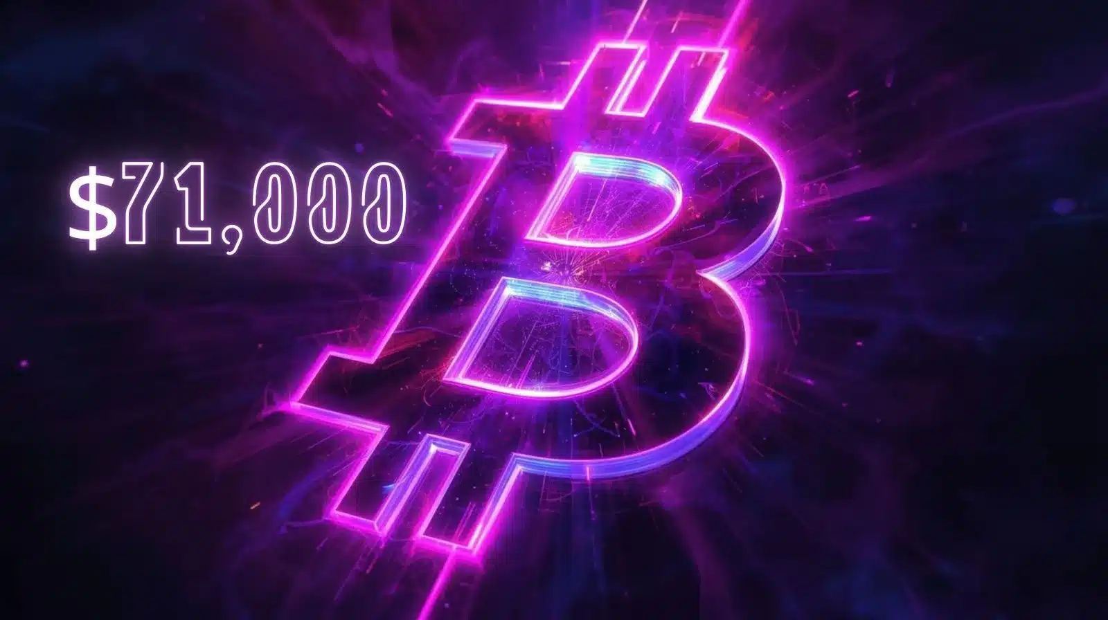 Koyu ve fütüristik bir arka plan üzerinde pembe ve mor tonlarda parlayan neon bir Bitcoin sembolünü gösteren canlı dijital illüstrasyon; yanında ‘$71.000’ fiyatı yer alarak Bitcoin değerinde bir yükselişi veya önemli bir eşiği simgeler.