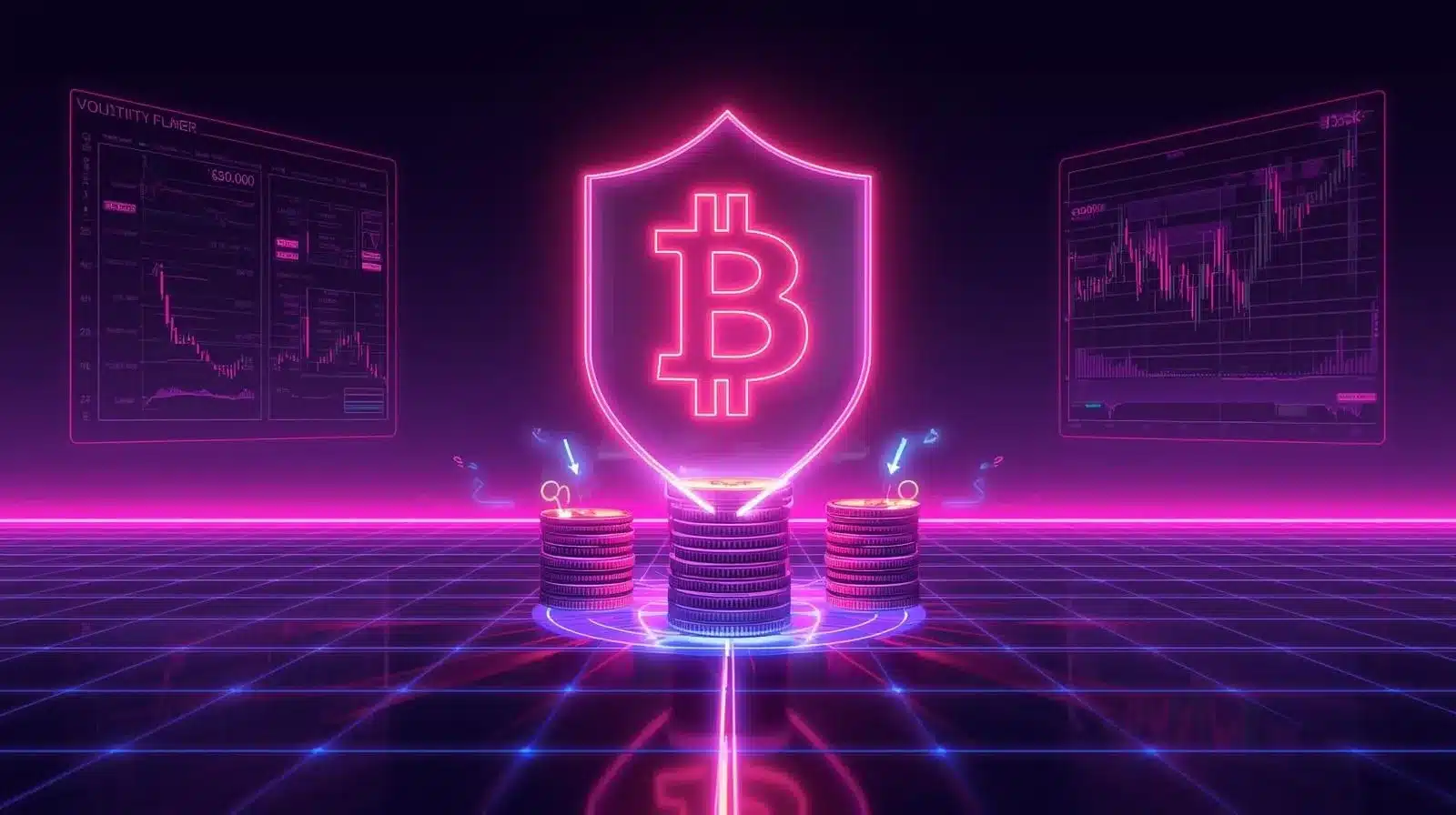 Neon pink Bitcoin symbol inside a glowing shield hovering above stacks of coins on a futuristic purple and blue grid floor. Two holographic trading charts float in the background, while small downward arrows point toward the coins, symbolizing market volatility and crash protection.