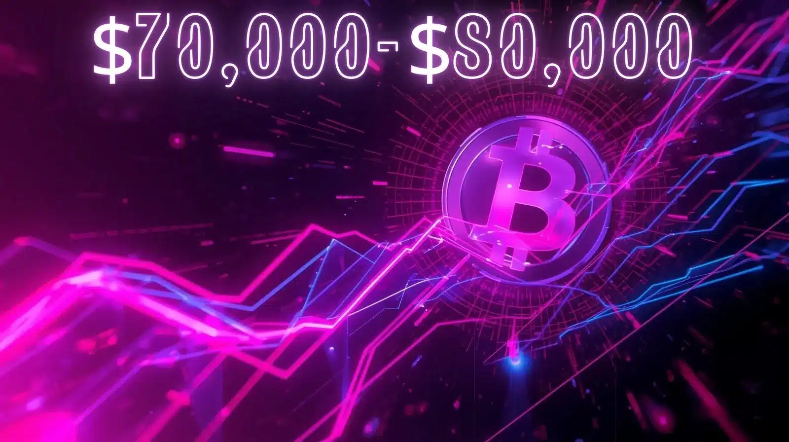 Neon purple illustration showing the Bitcoin symbol at the center, surrounded by glowing upward price lines and digital charts, with the text ‘$70,000–$80,000’ at the top, representing a rising Bitcoin price range.