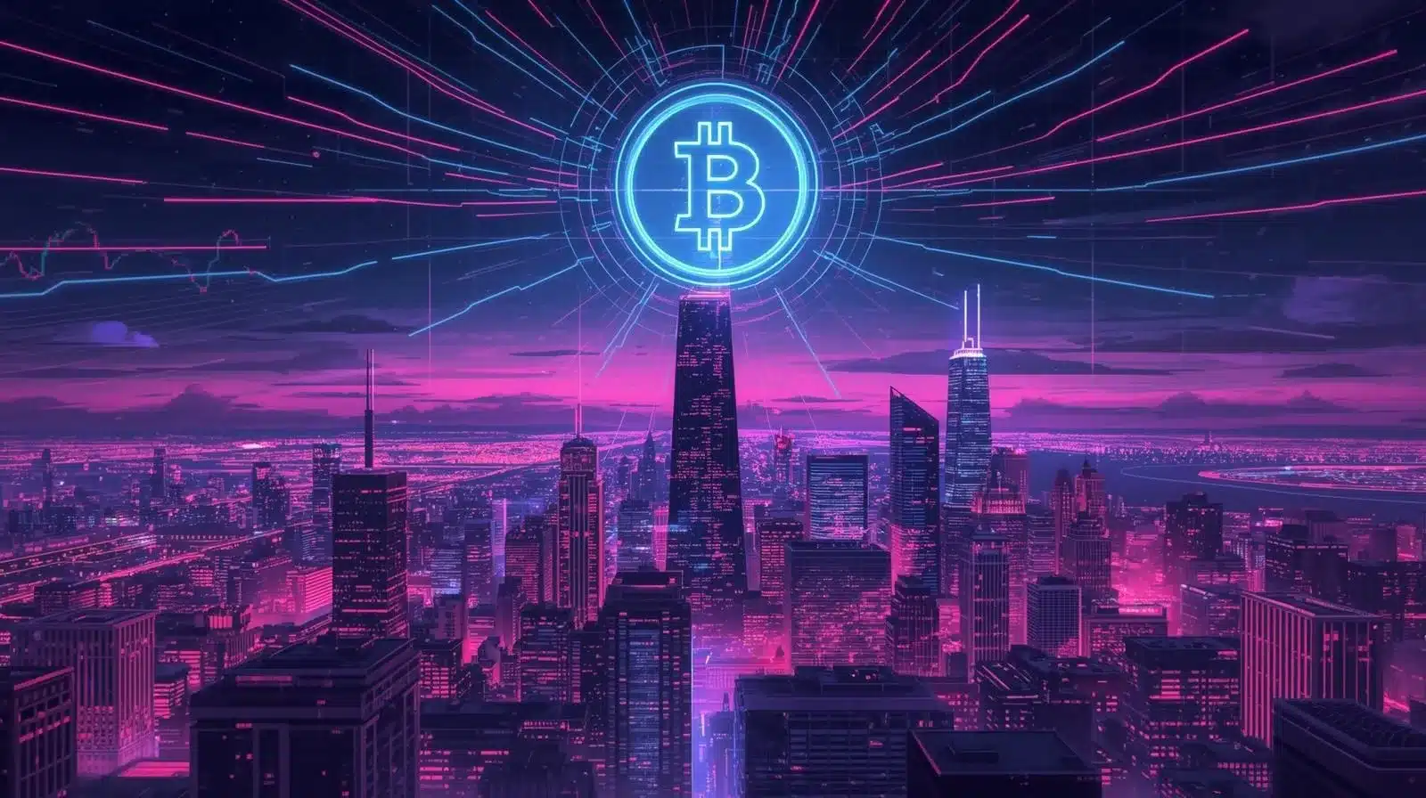 Neon pink, blue, and purple futuristic illustration of the Chicago skyline at night, with a large glowing Bitcoin symbol hovering above a central skyscraper and digital data lines radiating across the sky, symbolizing 24/7 crypto futures trading and institutional market dominance.