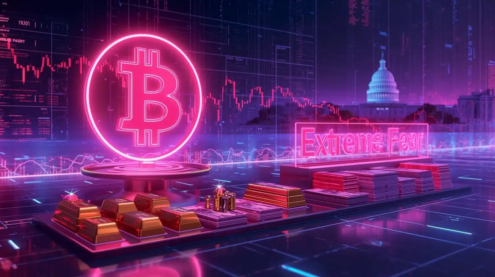 Neon pink and purple futuristic illustration of a glowing Bitcoin symbol on a digital platform beside gold bars and stacked cash, with holographic market charts, the U.S. Capitol in the background, and a bright “Extreme Fear” sign highlighting crypto market sentiment.