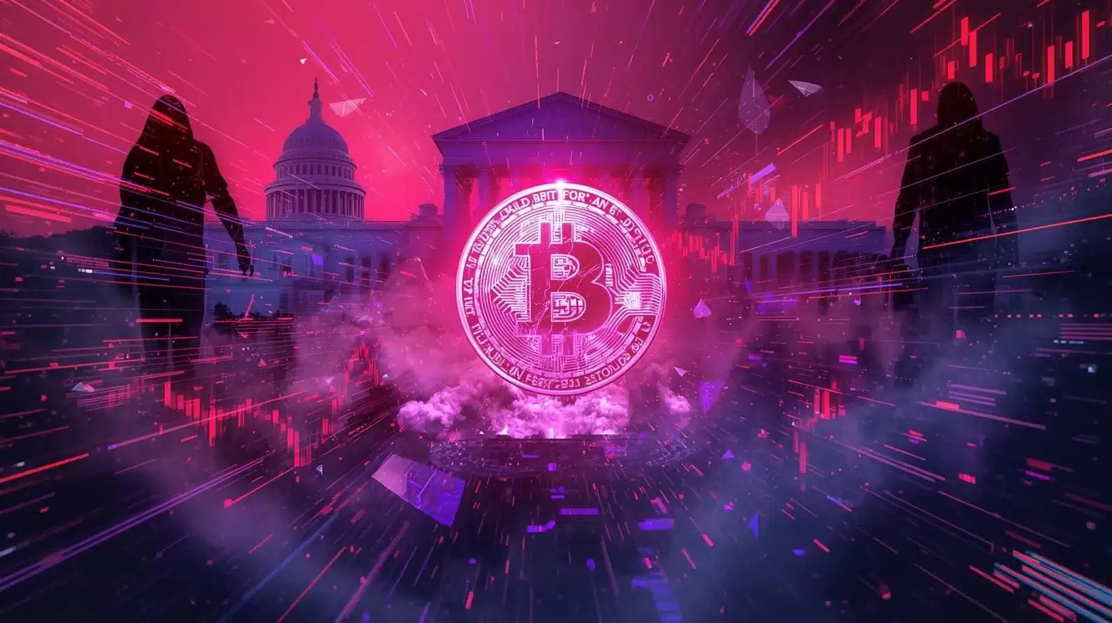 Neon pink, purple, and blue digital illustration of a glowing Bitcoin symbol hovering between silhouettes of the U.S. Capitol and Supreme Court buildings, with red falling candlestick charts, glitch effects, and shadowy figures on both sides, symbolizing market turmoil and political tension impacting crypto prices.