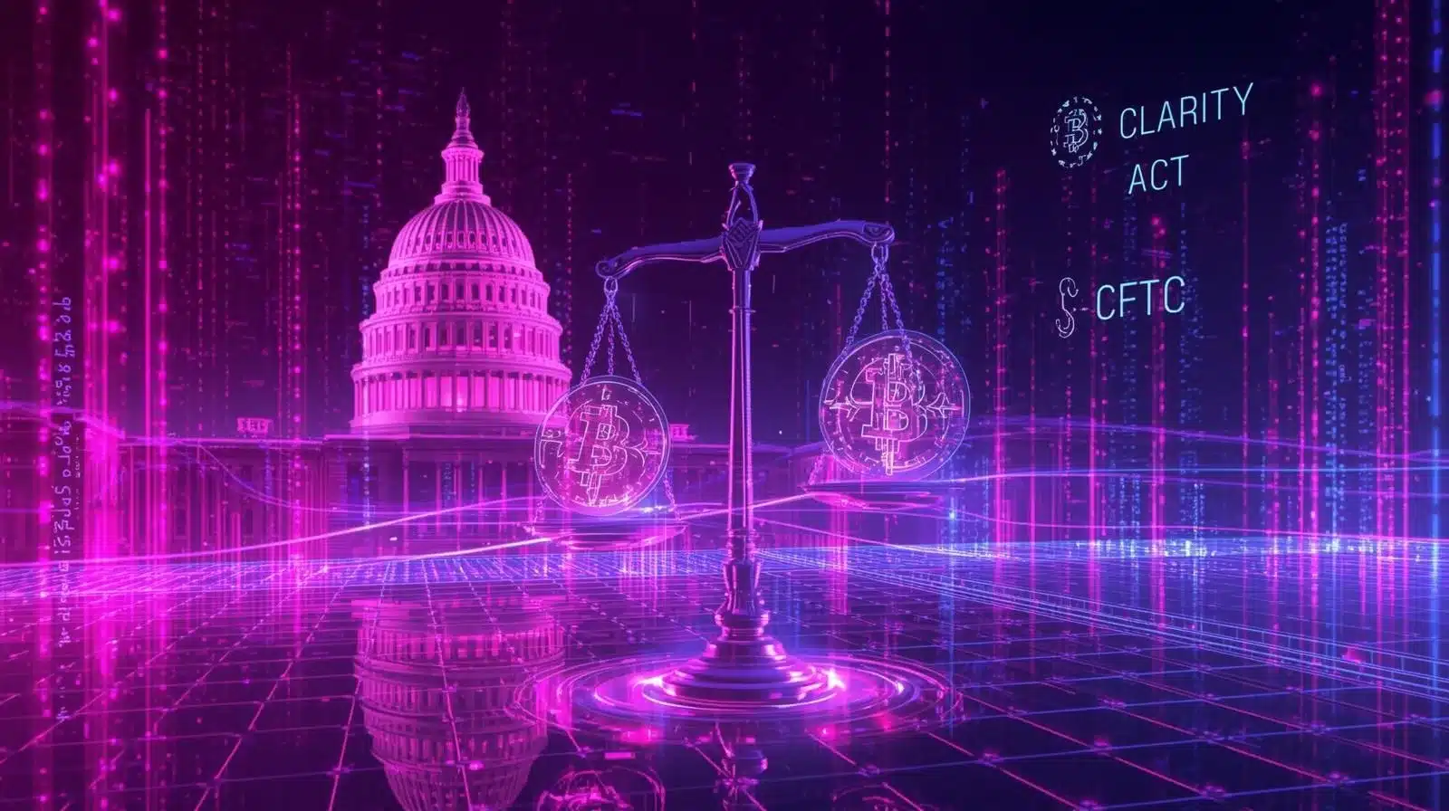 Neon pink, purple, and blue futuristic illustration of the U.S. Capitol behind a glowing scale of justice balancing Bitcoin symbols, with holographic text reading “CLARITY Act” and “CFTC,” set against a digital blockchain-style cityscape background.