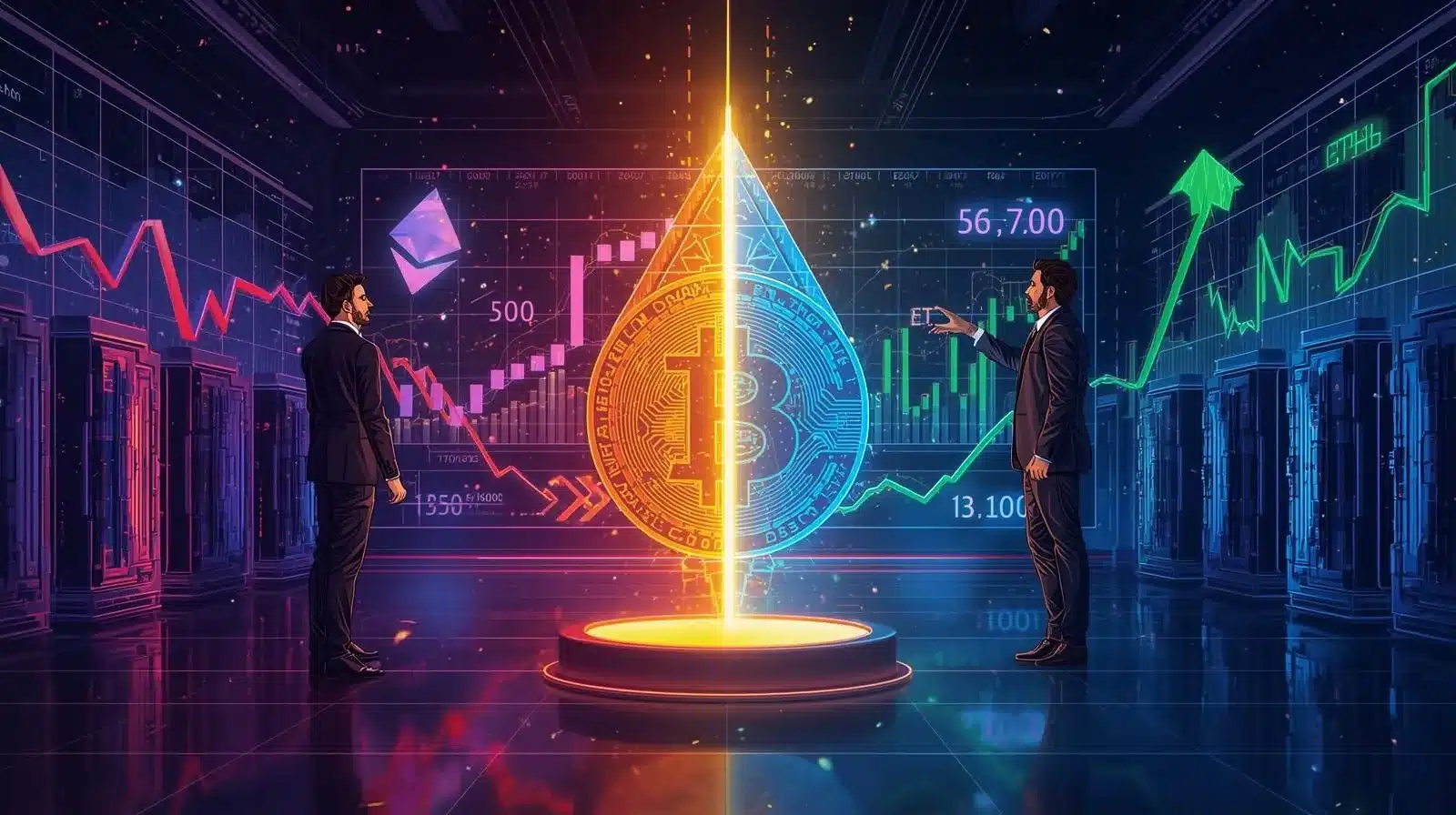 Futuristic financial illustration showing two business professionals standing on opposite sides of a large glowing Bitcoin symbol split down the middle. The left side features red downward price charts indicating market decline, while the right side shows green upward charts signaling growth. Ethereum and Bitcoin icons appear in the background alongside digital trading data screens, creating a high-tech crypto market atmosphere that represents diverging investor strategies.