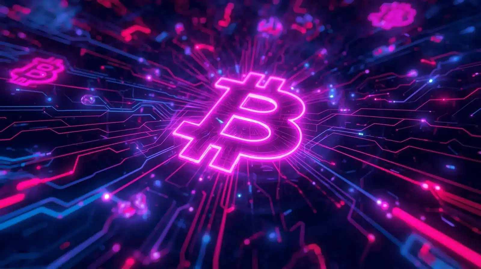 Glowing neon pink Bitcoin symbol at the center of a futuristic digital scene, surrounded by vibrant magenta and blue circuit lines radiating outward. The background resembles a high-tech motherboard or data network, with luminous particles and motion blur effects creating a dynamic, cyberpunk-style atmosphere.
