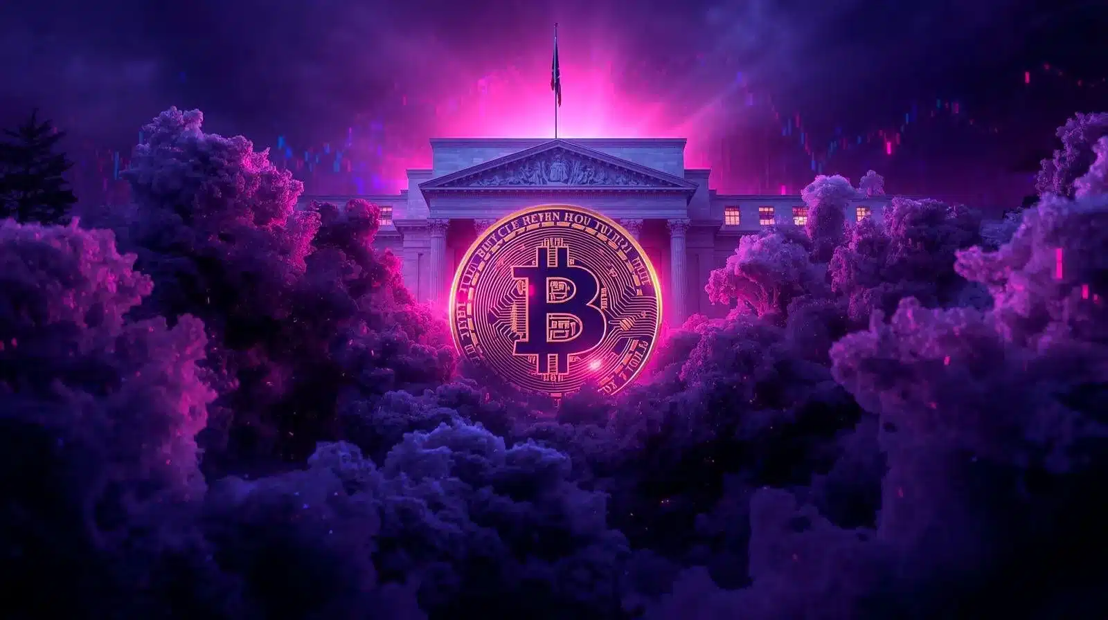A dramatic digital illustration of the U.S. Federal Reserve building glowing in neon pink and purple light, with a large illuminated Bitcoin symbol floating in front. Thick purple clouds surround the scene, while faint stock market chart lines appear in the background, creating a cinematic macro-finance atmosphere.
