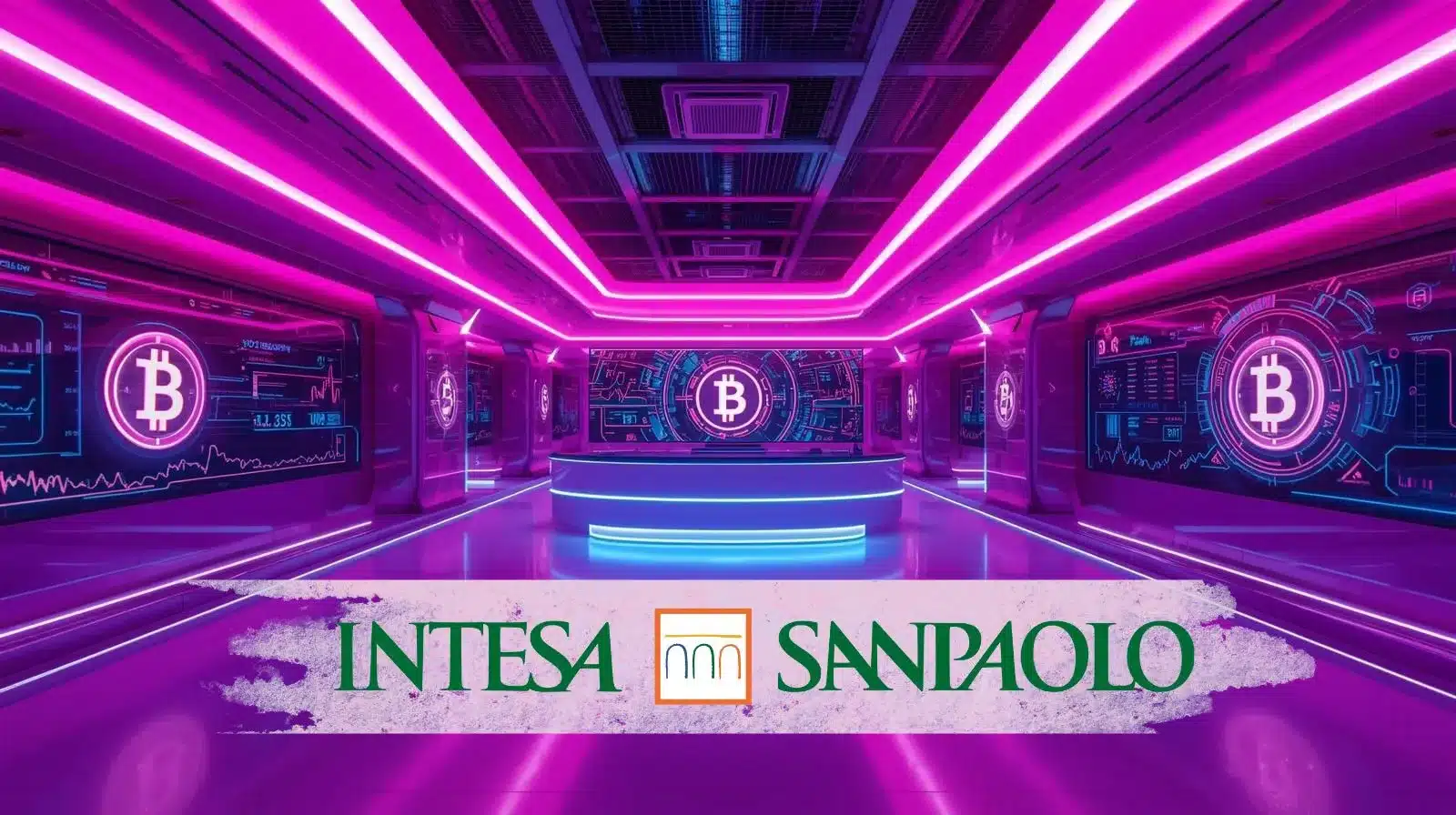 Futuristic neon-lit trading room in pink and purple tones featuring large digital screens displaying Bitcoin symbols and market charts, with a central glowing trading desk. A banner at the bottom displays the Intesa Sanpaolo logo and name, suggesting a high-tech institutional crypto strategy theme.
