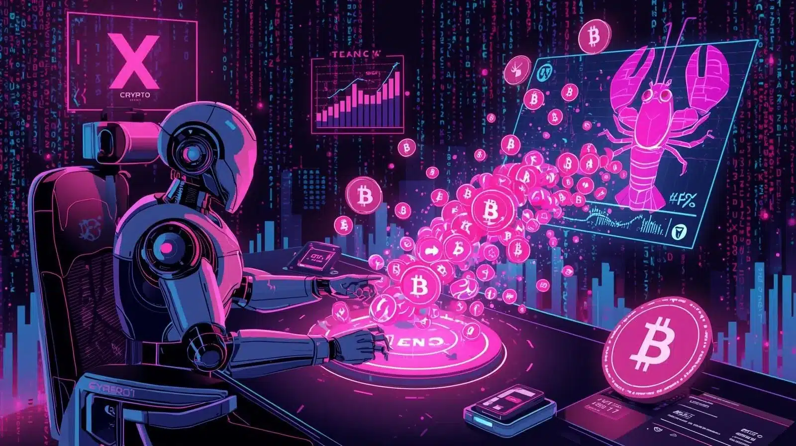 Futuristic cyberpunk crypto news illustration in neon pink, electric purple, and glowing blue. A glowing AI robot at a digital trading desk accidentally pressing a large holographic “SEND” button, while millions of glowing coin icons burst out of a digital wallet into a social media interface screen labeled “X.” Floating holographic charts show a sharp 32% price spike upward in bright neon lines. Include a stylized lobster-shaped cryptocurrency coin glowing in pink and blue light. Add blockchain-style data streams, digital code rain, and dramatic lighting with high contrast. Dark background with vibrant neon highlights, cinematic tech-news editorial style, ultra-detailed, sharp, dramatic glow effects, modern crypto magazine cover aesthetic.