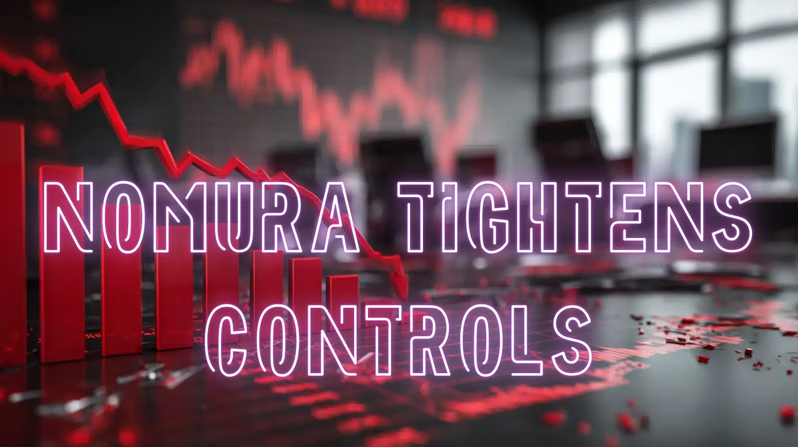 Red declining financial charts and bar graphs with Nomura Tightens Controls text showing institutional risk management response to crypto market losses