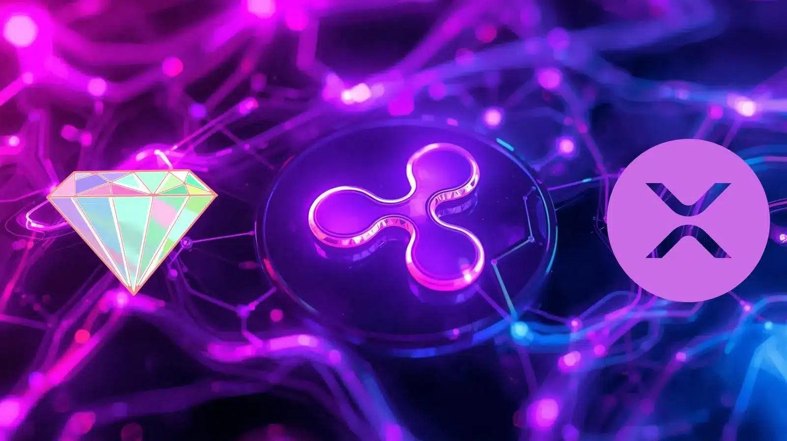 A neon-purple, futuristic illustration showing three cryptocurrency symbols—a faceted diamond on the left, the Ripple (XRP) triskelion logo glowing in the center, and a circular XRP emblem on the right—connected by luminous lines and nodes, suggesting a digital blockchain network.