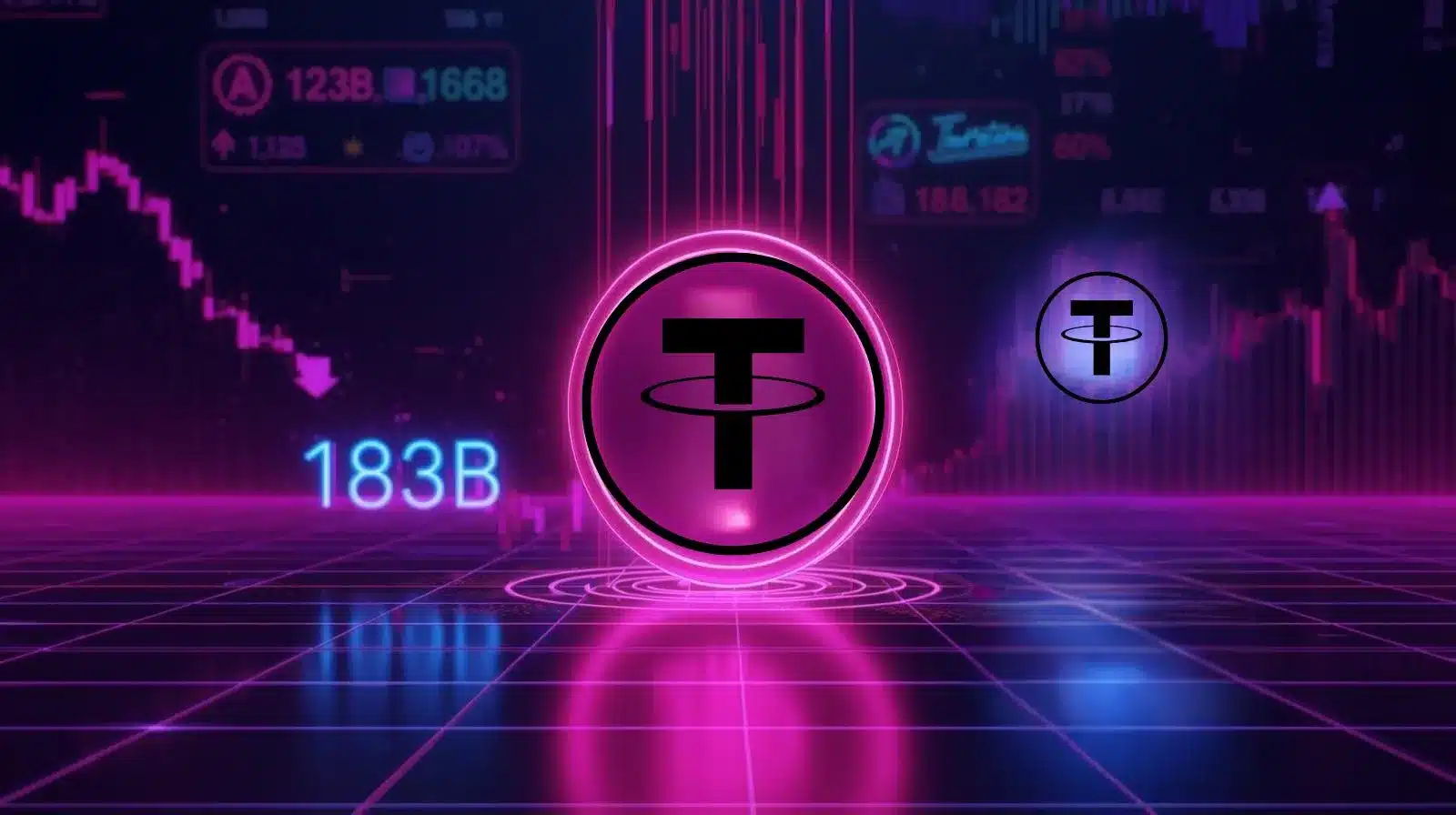Neon pink and purple illustration of a glowing Tether (USDT) logo centered on a digital grid floor, with “183B” displayed in blue beside it. The background shows falling candlestick charts and market data panels in blue and magenta tones, symbolizing a decline in Tether’s market capitalization.