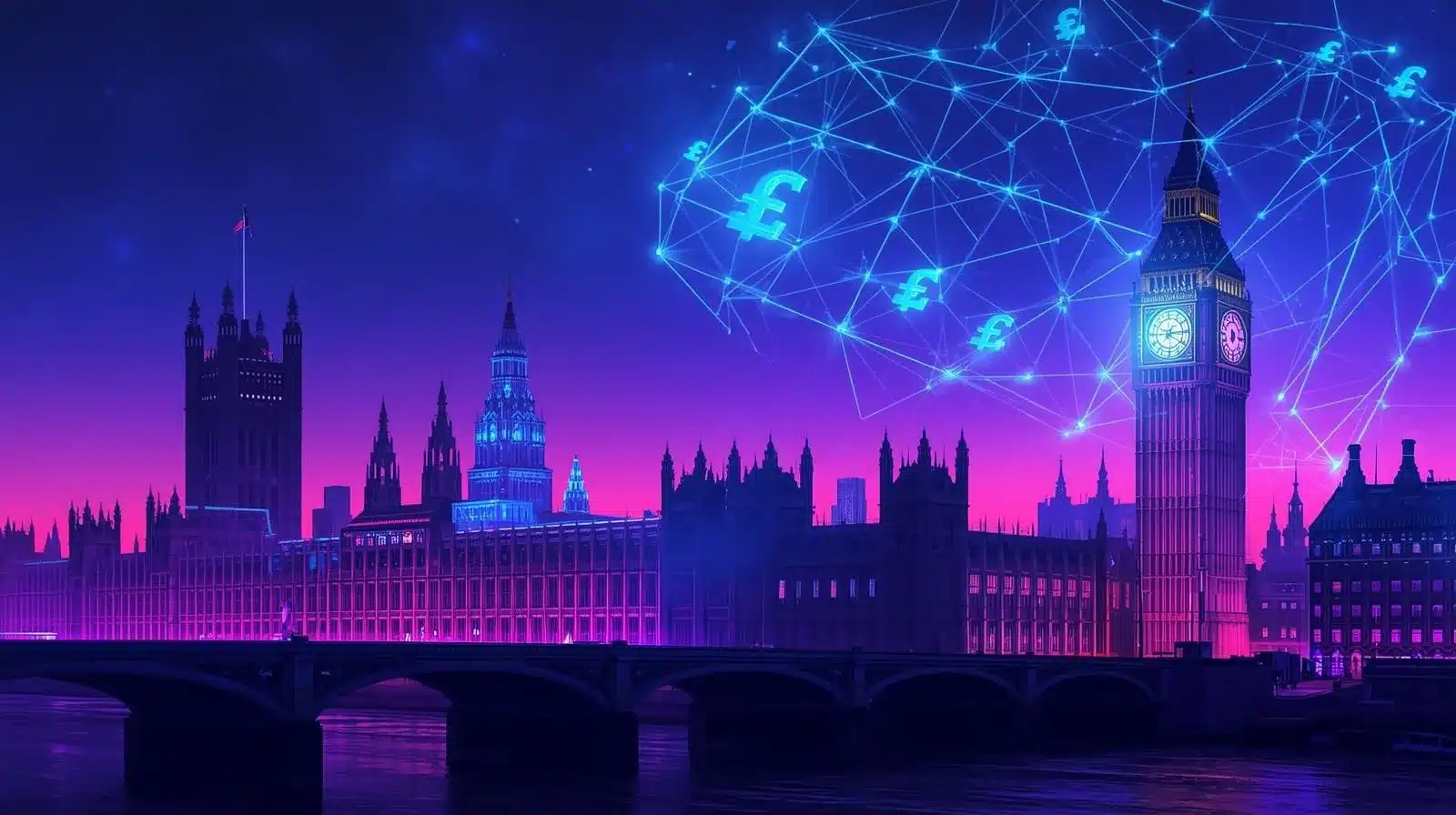 Stylized digital illustration of the London skyline at dusk, featuring Big Ben and the Houses of Parliament illuminated in neon purple and blue tones. Above the city, a glowing blockchain network graphic with interconnected lines and floating pound (£) symbols overlays the sky, symbolizing UK cryptocurrency and digital finance.
