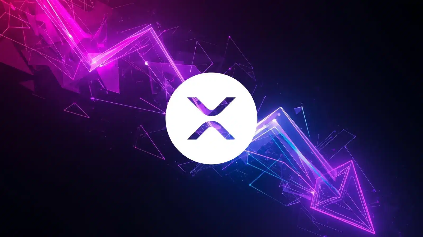 Abstract digital illustration showing the XRP logo centered inside a white circle, set against a dark background with glowing neon purple and blue geometric lines forming a sharp downward arrow, symbolizing a price drop or market decline.