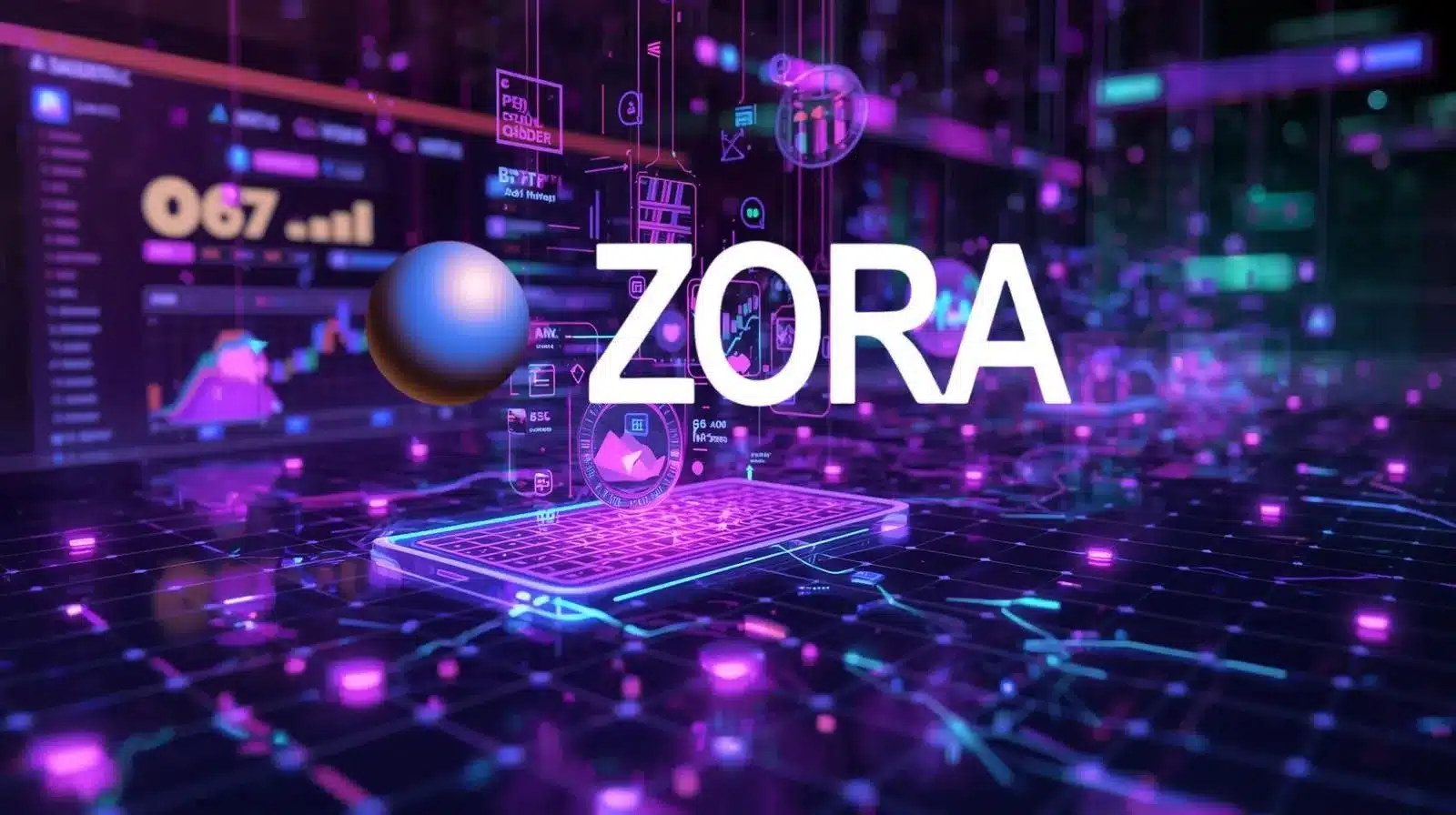 Futuristic crypto-themed illustration featuring the word “ZORA” in bold white letters over a neon purple and green digital environment. A glowing blockchain grid, floating data panels, trading charts, and holographic interface elements surround a central digital platform, creating a high-tech fintech and Web3 marketplace atmosphere.