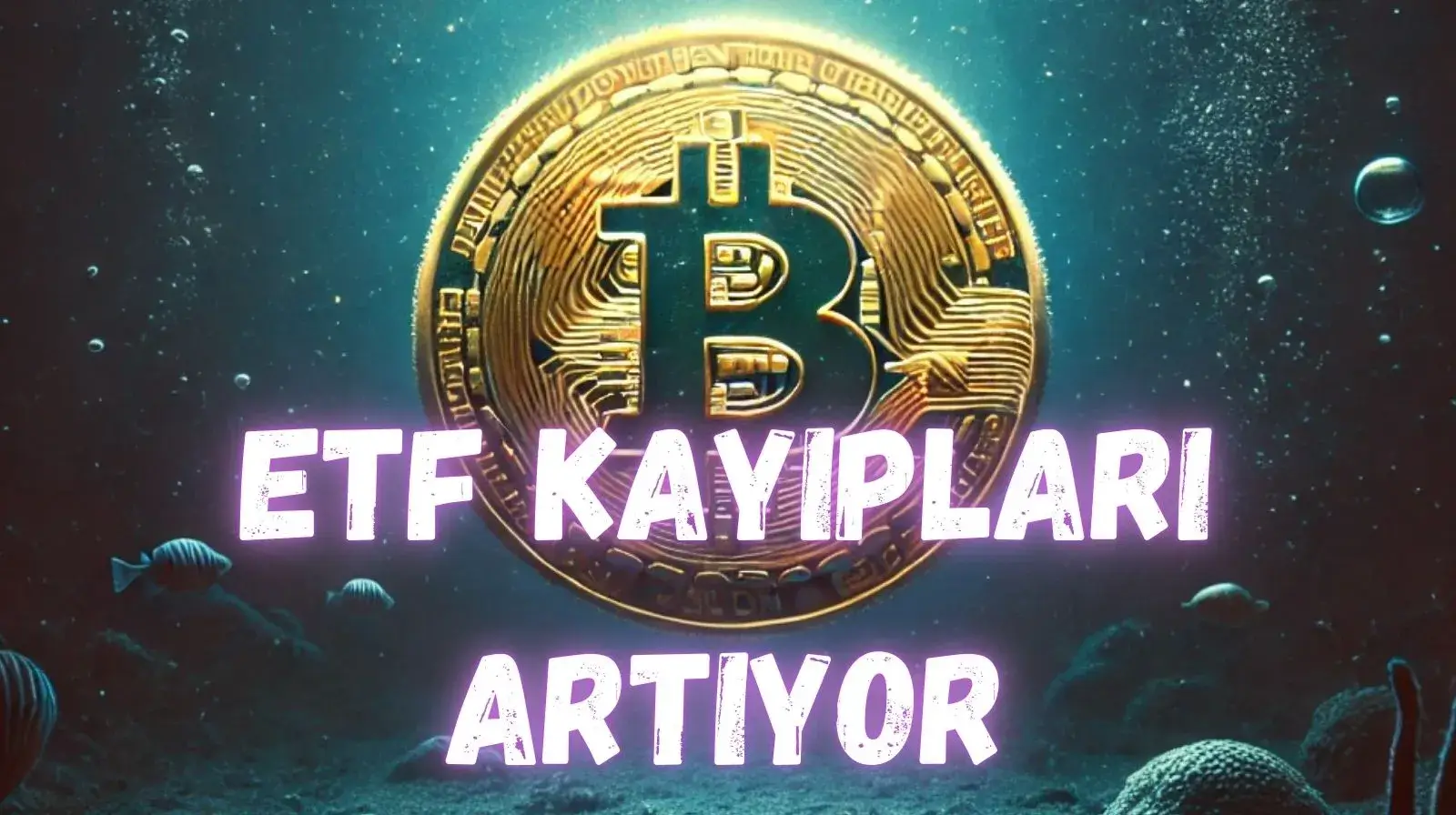 Sualtında altın Bitcoin madeni parası, kripto para piyasası düşüşünü ve yatırım kayıplarını temsil eden ETF Kayıpları Artıyor metniyle