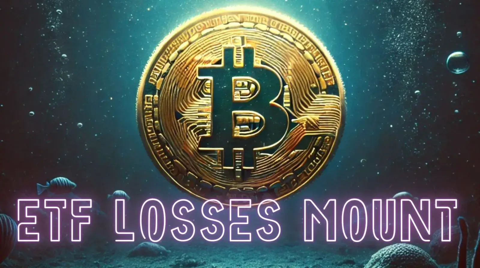 Golden Bitcoin coin underwater with ETF Losses Mount text representing cryptocurrency market decline and investment losses