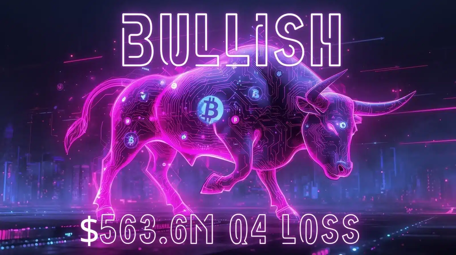 Neon digital illustration of a glowing purple bull made of circuitry, symbolizing a bullish crypto market, with Bitcoin icons embedded and text reading ‘BULLISH’ and ‘$563.6M Q4 LOSS’ over a futuristic city background.