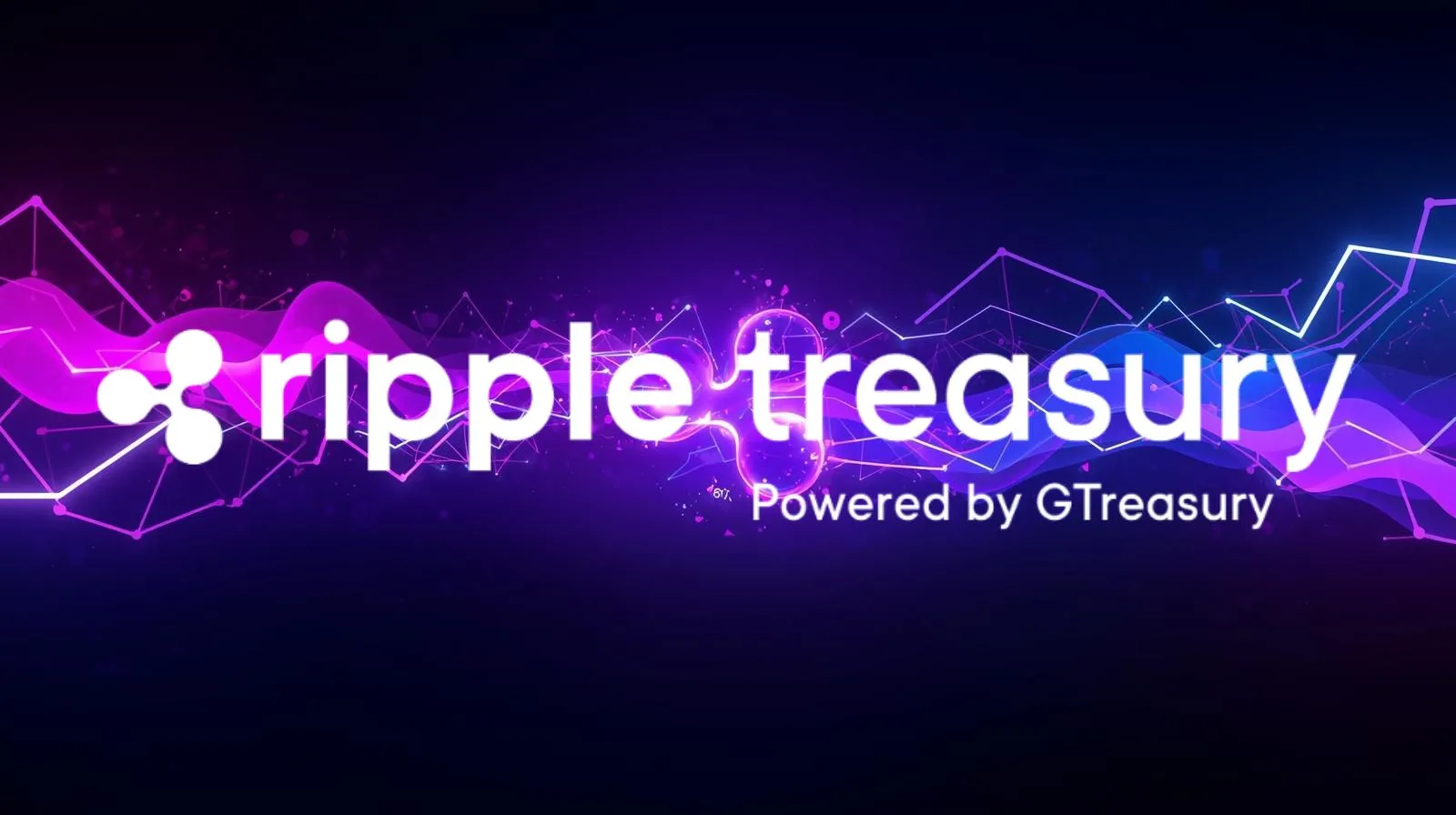 Dark gradient background with glowing purple and blue wave-like lines and data graphs, featuring the text ‘ripple treasury’ in white with the Ripple logo on the left and the subtitle ‘Powered by GTreasury,’ representing a blockchain-based treasury or financial platform.