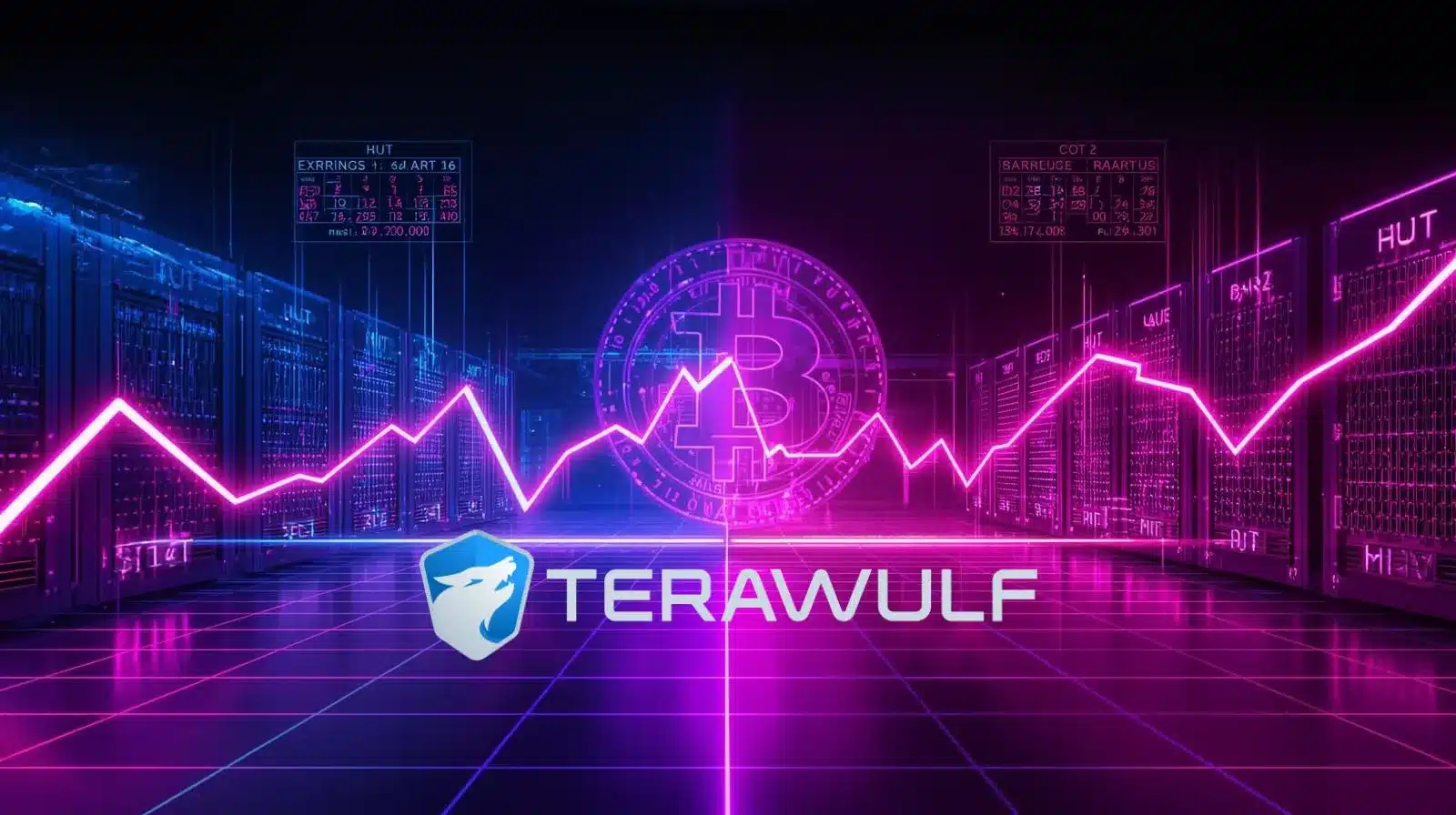 Neon pink, purple, and blue digital illustration of a Bitcoin symbol centered between glowing server racks, with a bright zigzag price chart stretching across the scene. The Terawulf logo appears in the foreground on a reflective grid floor, while holographic stock tickers labeled HUT and CORZ float above, symbolizing crypto mining earnings volatility and market movement.