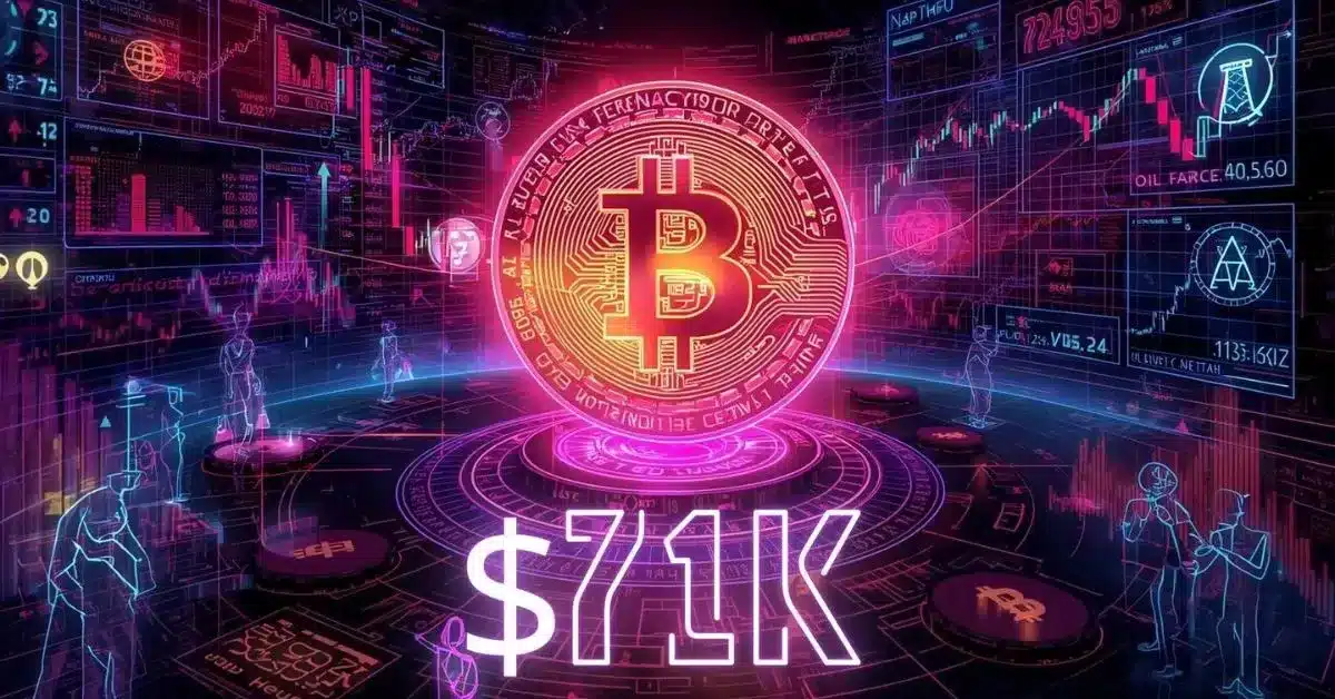 Neon cyberpunk-style illustration of a glowing Bitcoin coin surrounded by holographic trading charts and market data in pink, purple, and blue tones, with large “$71K” text in front, symbolizing Bitcoin’s price level amid active traders and volatile financial indicators.