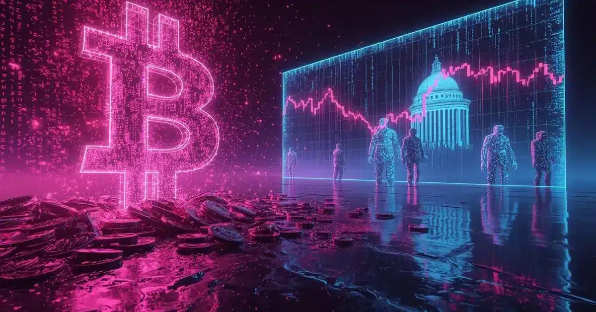 Futuristic neon illustration showing large Bitcoin whales selling off massive BTC holdings, with a glowing Bitcoin symbol breaking apart and a downward-trending market chart. The scene reflects over $117 million in Bitcoin liquidations following the Federal Reserve’s hawkish policy stance, signaling market pressure and a broader crypto downturn.