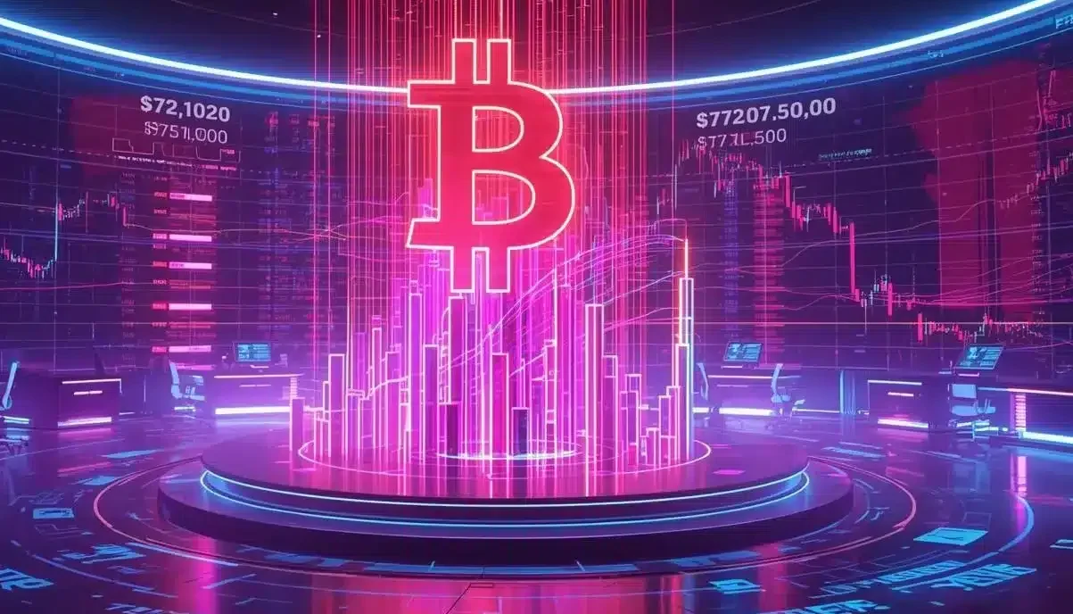 Futuristic crypto trading room with a glowing neon Bitcoin symbol rising above holographic market charts and price levels around $72,000–$75,000, surrounded by digital trading dashboards in pink, purple, and blue cyberpunk lighting.