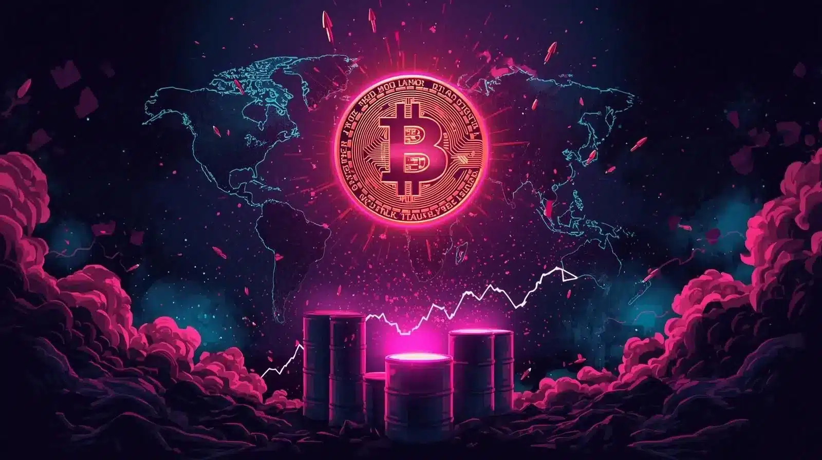 Neon pink, purple and blue Bitcoin symbol glowing over world map, missiles and oil barrels below with rising price chart amid geopolitical tension.