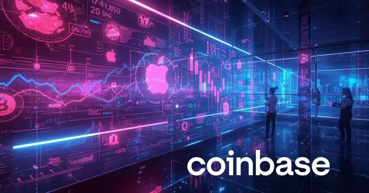 Interface de trading futuriste en néon rose, bleu et violet affichant des graphiques boursiers, des données financières et des symboles d’entreprises technologiques, avec des personnes analysant les marchés dans un environnement numérique moderne, illustrant le trading crypto et actions via Coinbase.
