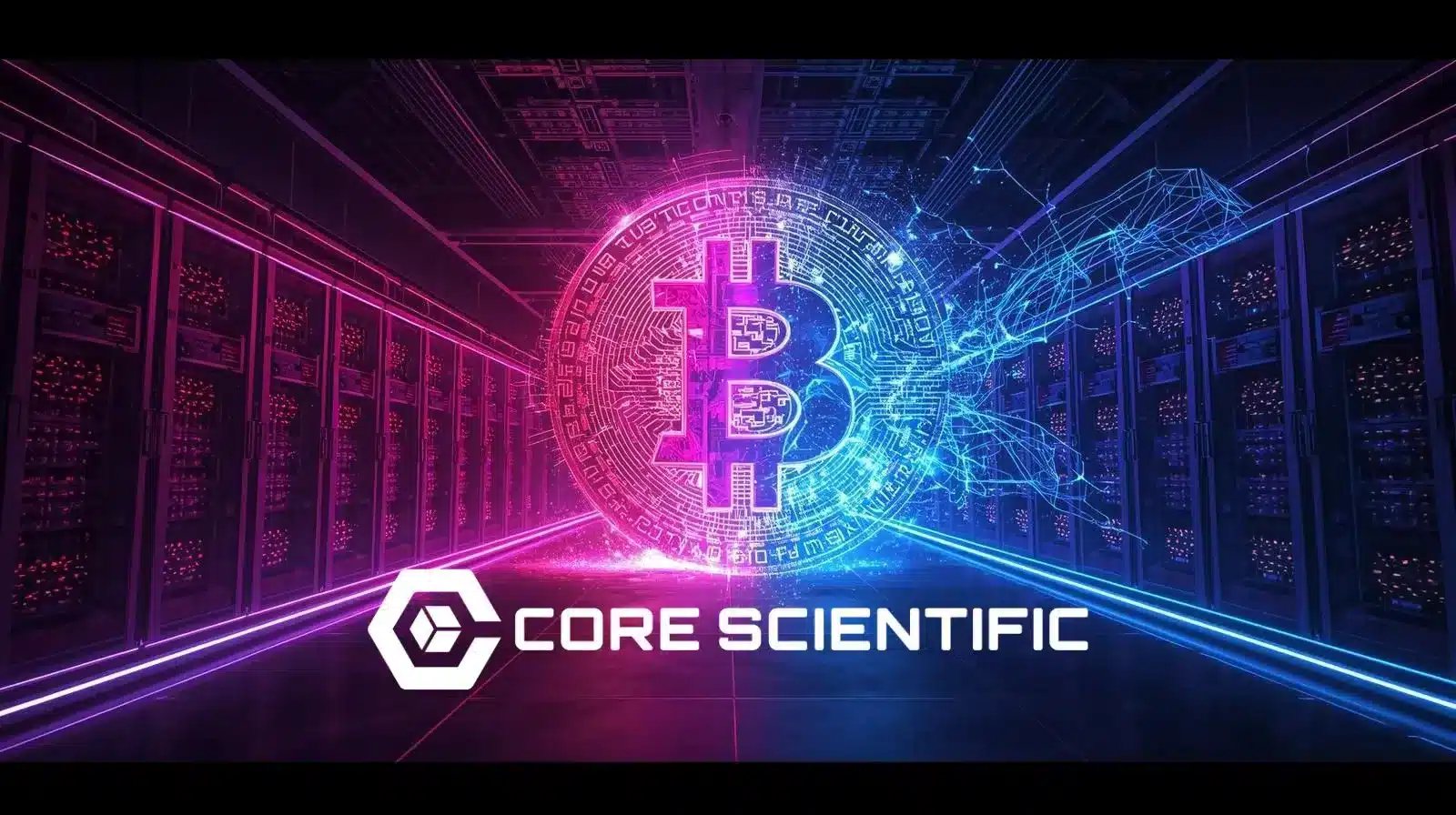 Neon pink, purple, and blue Bitcoin symbol inside a futuristic server data center with Core Scientific logo, representing crypto mining transitioning to AI infrastructure.