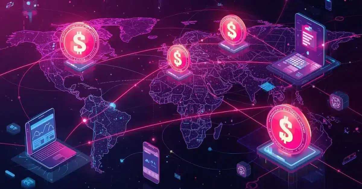 Futuristic neon illustration of global stablecoin payments, showing glowing dollar coins connected across a digital world map with pink, purple, and blue network lines linking laptops, smartphones, and financial platforms to represent cross-border digital transactions.