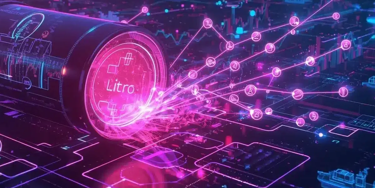 Futuristic neon illustration of a crude oil barrel labeled “Litro” connected to a glowing blockchain network, with digital tokens and data streams linking oil refineries, ships, and market charts in pink, purple, and blue cyberpunk-style lighting.