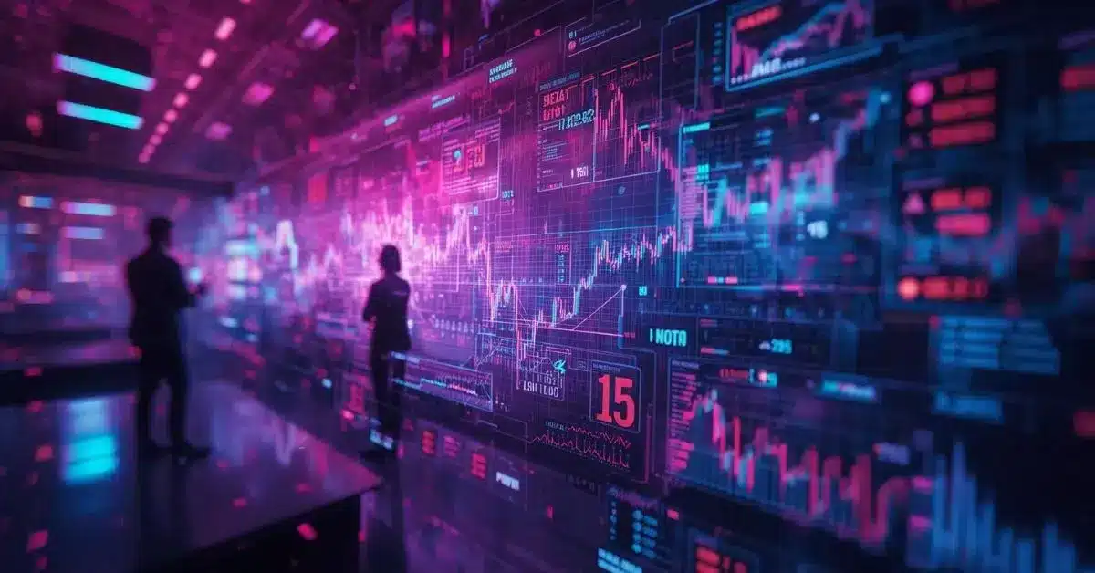 Futuristic trading room with large holographic screens displaying financial charts and data in neon pink, purple, and blue tones, with silhouetted figures analyzing market trends.