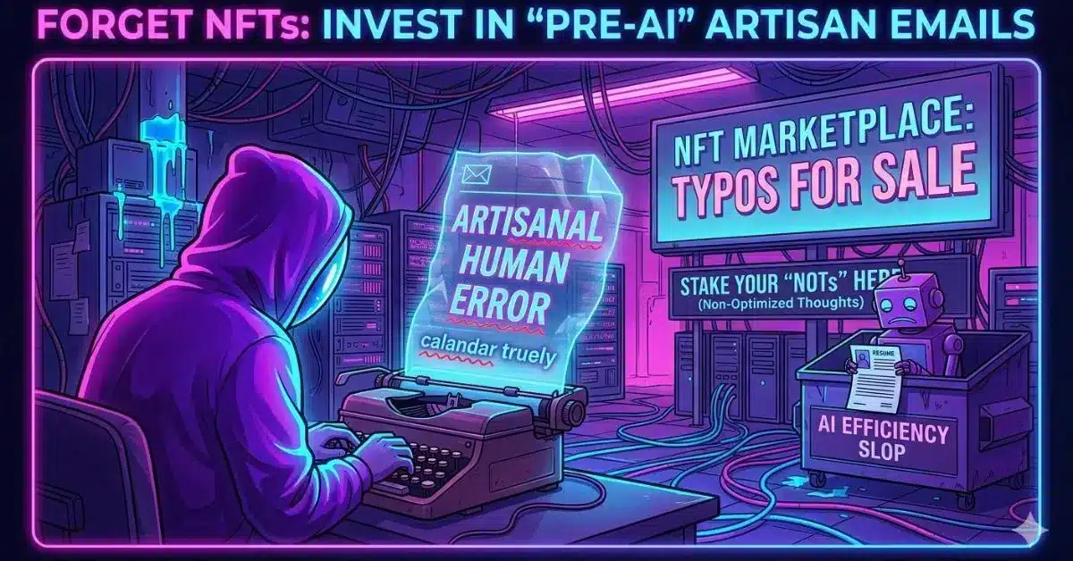 Futuristic neon illustration of a hooded person typing on a typewriter, producing “artisanal human error” emails, contrasted with a robotic NFT marketplace selling AI-generated content in a cyberpunk server room.
