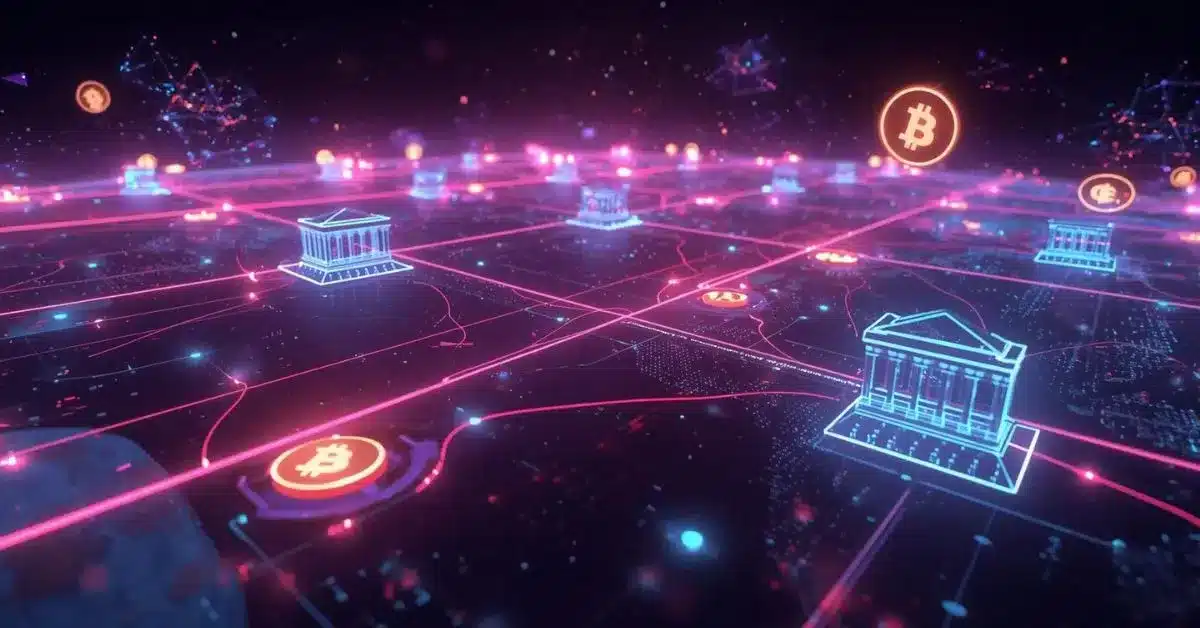 Alt text: Futuristic digital finance network with neon pink, purple, and blue glowing connections linking stylized bank buildings and cryptocurrency icons, representing blockchain, stablecoins, and global financial integration.