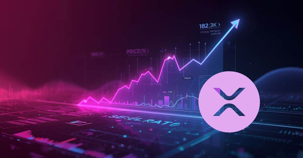 Neon pink and blue financial chart showing a cryptocurrency price increase with upward trend lines and XRP symbol on a futuristic digital trading interface.