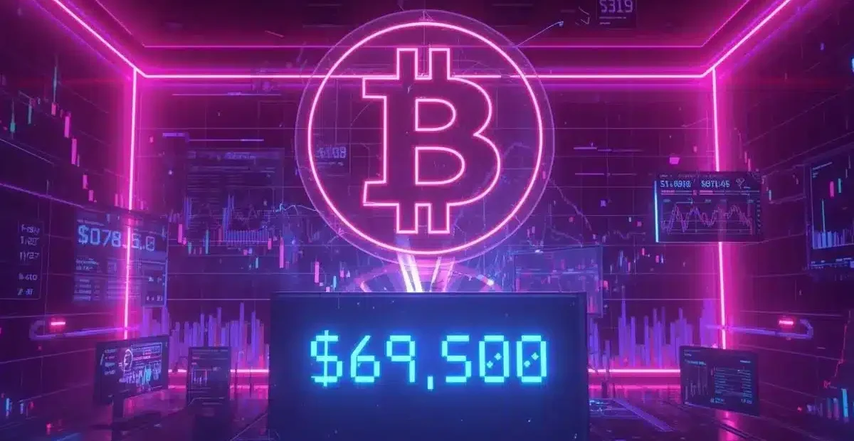 Bitcoin price dashboard showing $69,500 with a glowing neon Bitcoin symbol surrounded by digital trading charts and financial data screens in a futuristic pink, purple, and blue cyberpunk-style trading room.