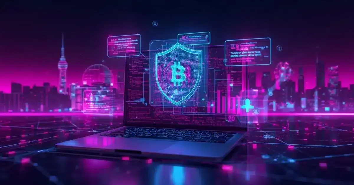 Ordinateur portable affichant un bouclier de sécurité avec symbole Bitcoin au milieu d’une interface numérique néon rose et bleue, illustrant la protection contre les arnaques de phishing crypto.